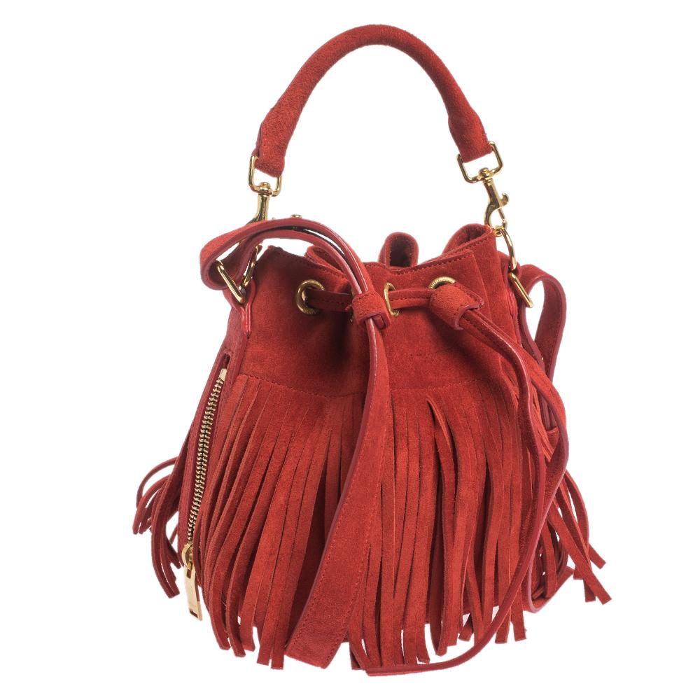 Saint Laurent Red Suede Small Emmanuelle Fringed Bucket Bag at 1stDibs ...