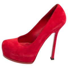 Saint Laurent Red Suede Tribtoo Platform Pumps Size 37.5