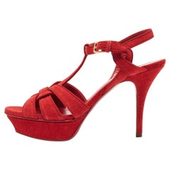 Saint Laurent Red Suede Tribute Ankle Strap Sandals Size 38.5
