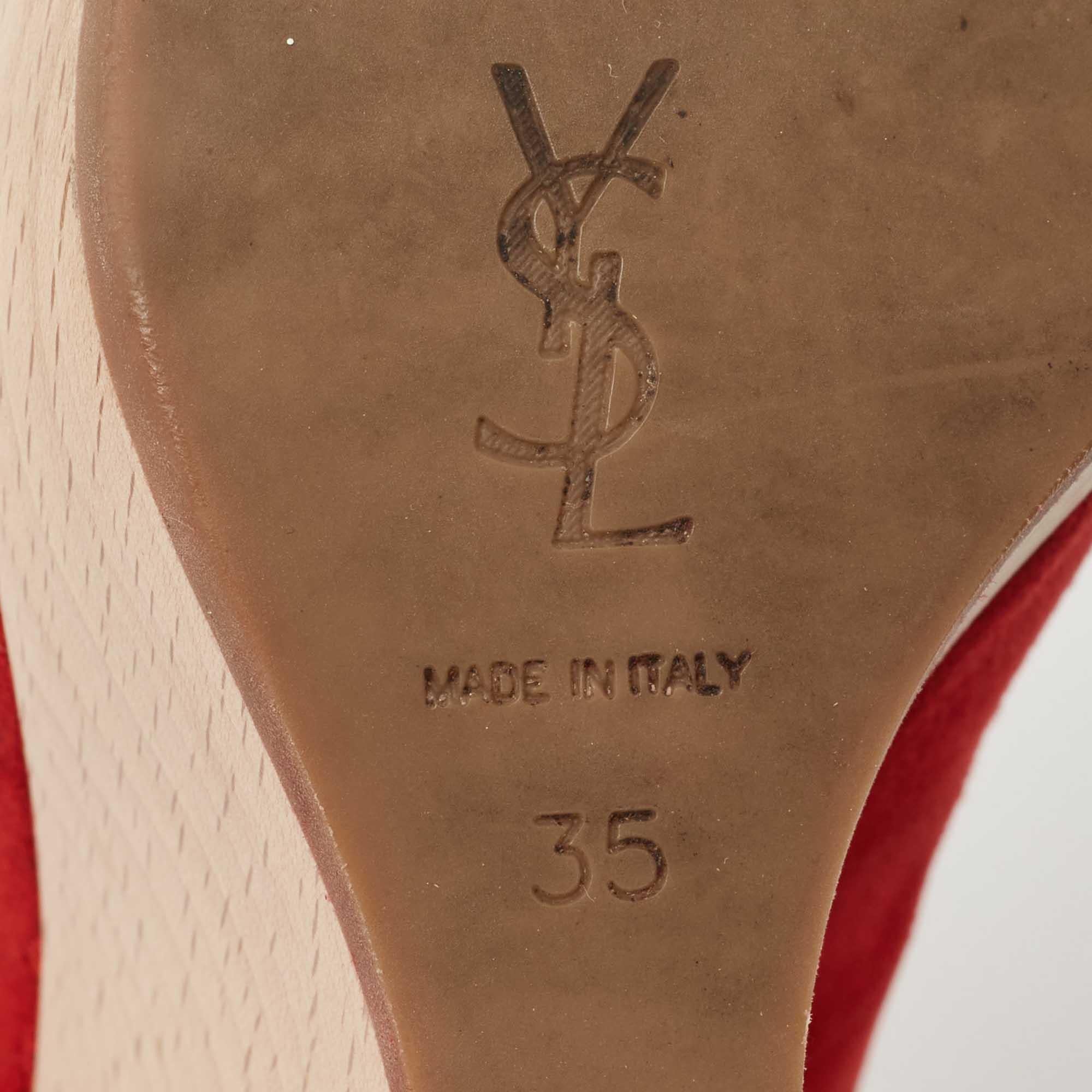 Saint Laurent - Sandales Wadge en daim rouge, taille 35 en vente 3
