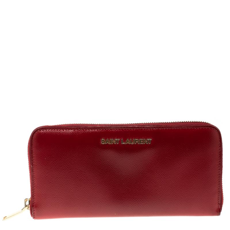 Saint Laurent Red Textured Patent Leather Zip Around Wallet