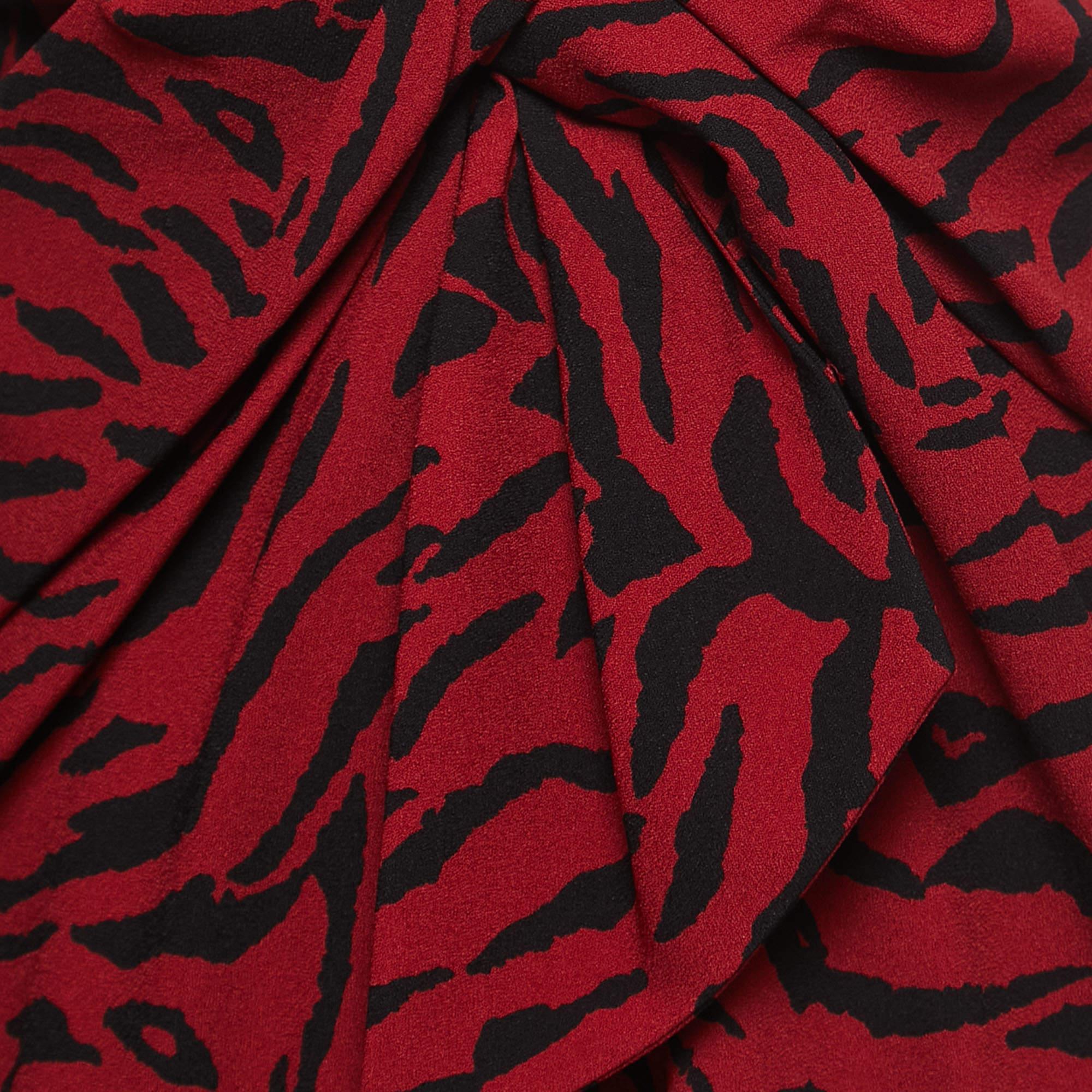 Brown Saint Laurent Red Tiger Striped Crepe Plunge Neck Midi Dress S For Sale