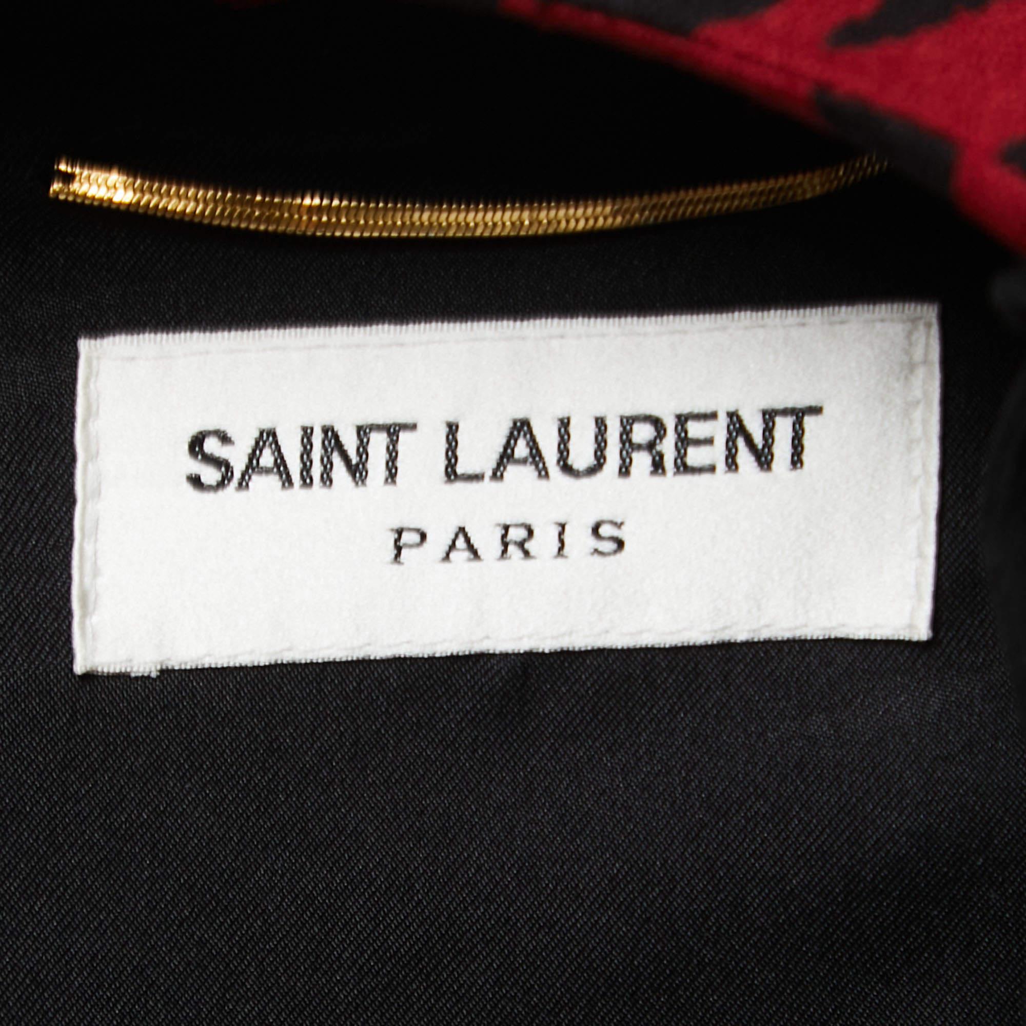 Saint Laurent Rot gestreiftes Midikleid aus Krepp mit tiefem Ausschnitt und Tigermuster S Damen im Angebot