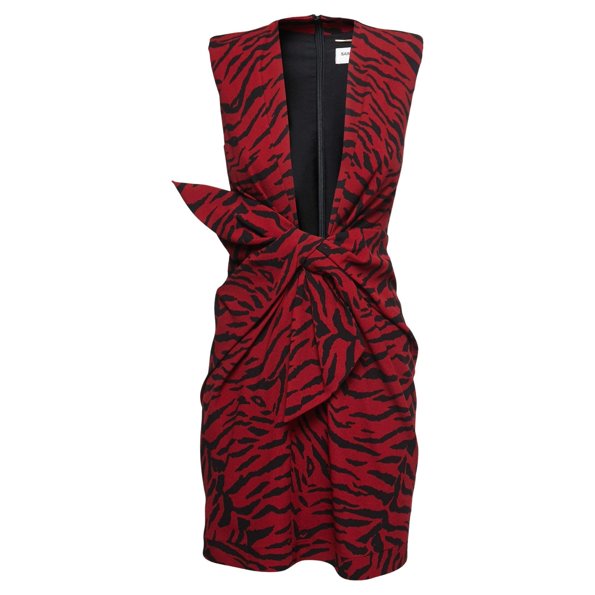 Saint Laurent Red Tiger Striped Crepe Plunge Neck Midi Dress S For Sale