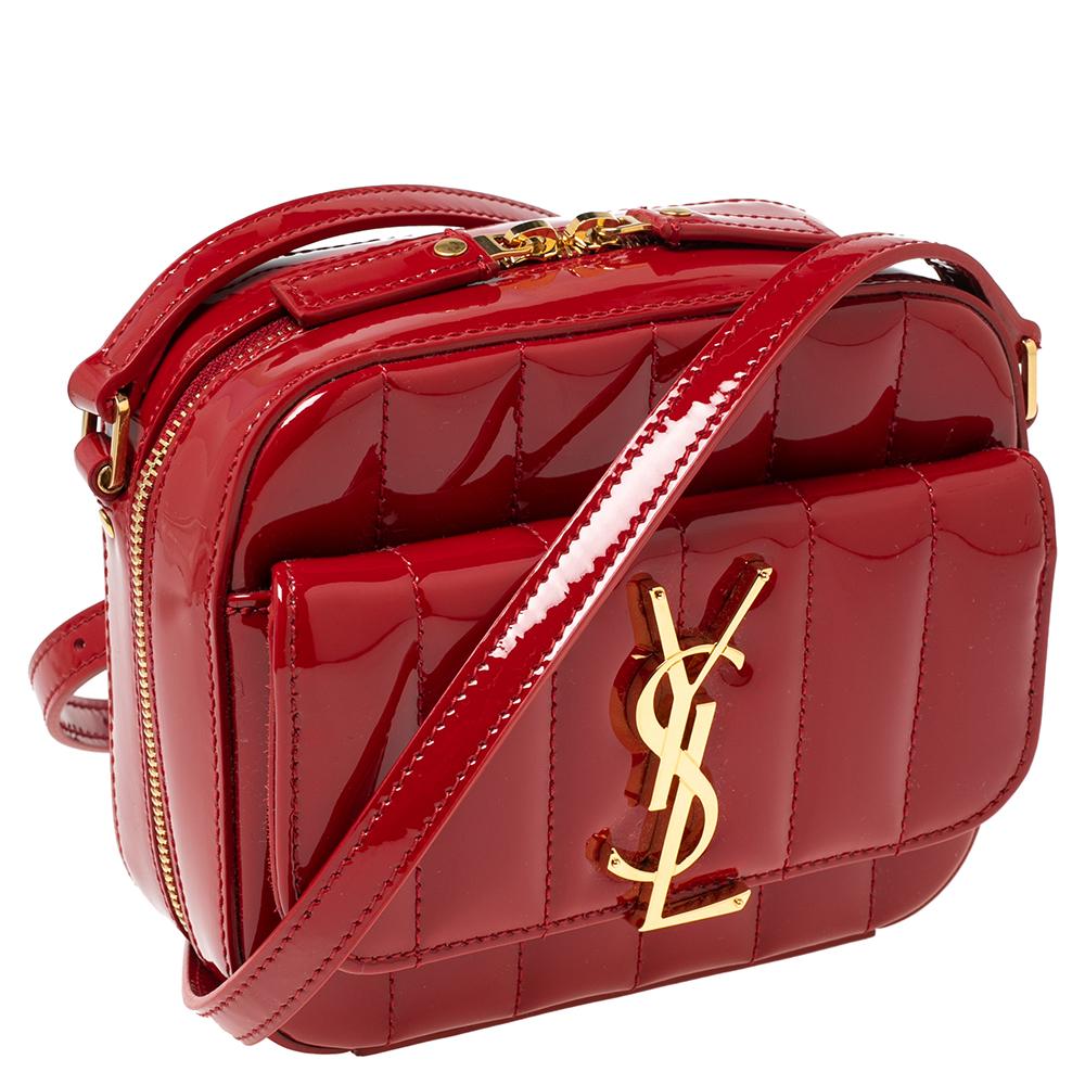 Women's Saint Laurent Red Vertical Quilted Patent Leather Vicky Camera Crossbody Bag