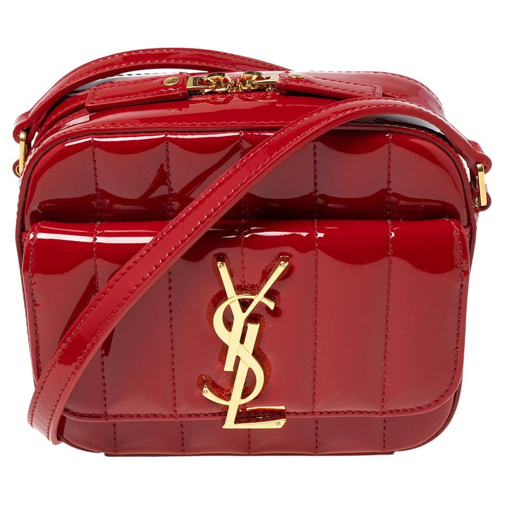 Saint Laurent Red Vertical Quilted Patent Leather Vicky Camera Crossbody Bag