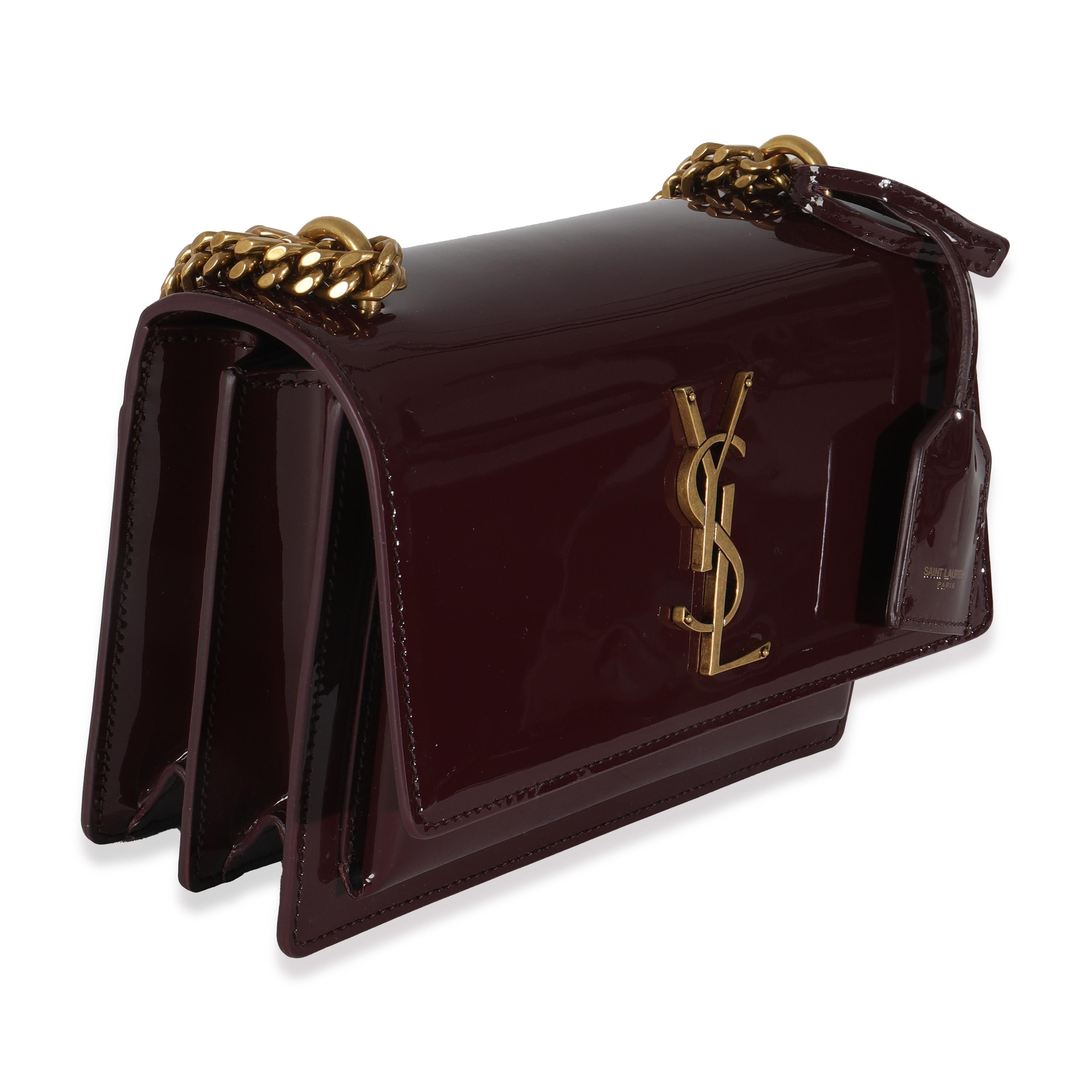 Black Saint Laurent Red Wine Patent Monogram Small Sunset Bag For Sale