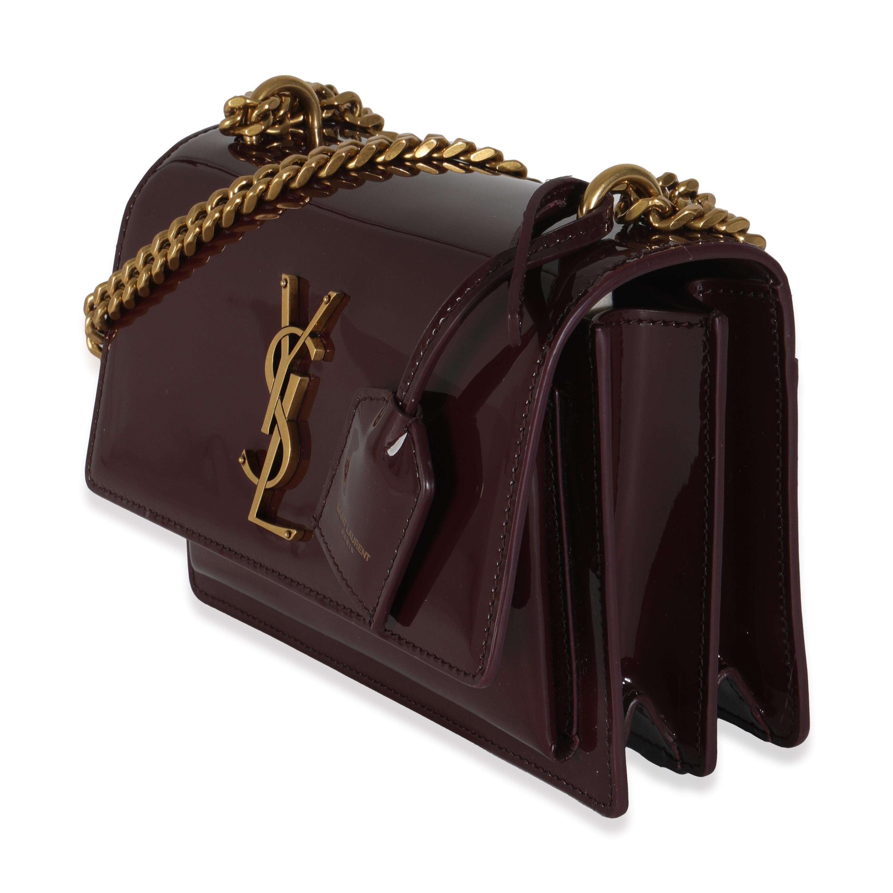 Saint Laurent Red Wine Patent Monogram Small Sunset Bag In Excellent Condition For Sale In New York, NY