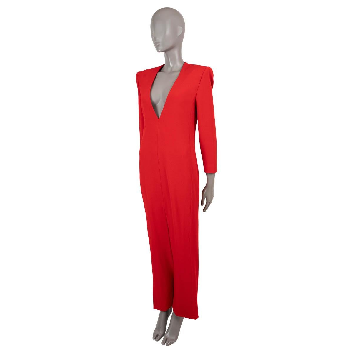 100% authentic Saint Laurent crêpe gown in red wool (100%). Features sharp padded shoulders, a plunging V neckline, high slit skirt and long sleeves. Closes with a concealed zipper in the back and is lined in acetate (78%) and viscose (22%). Has