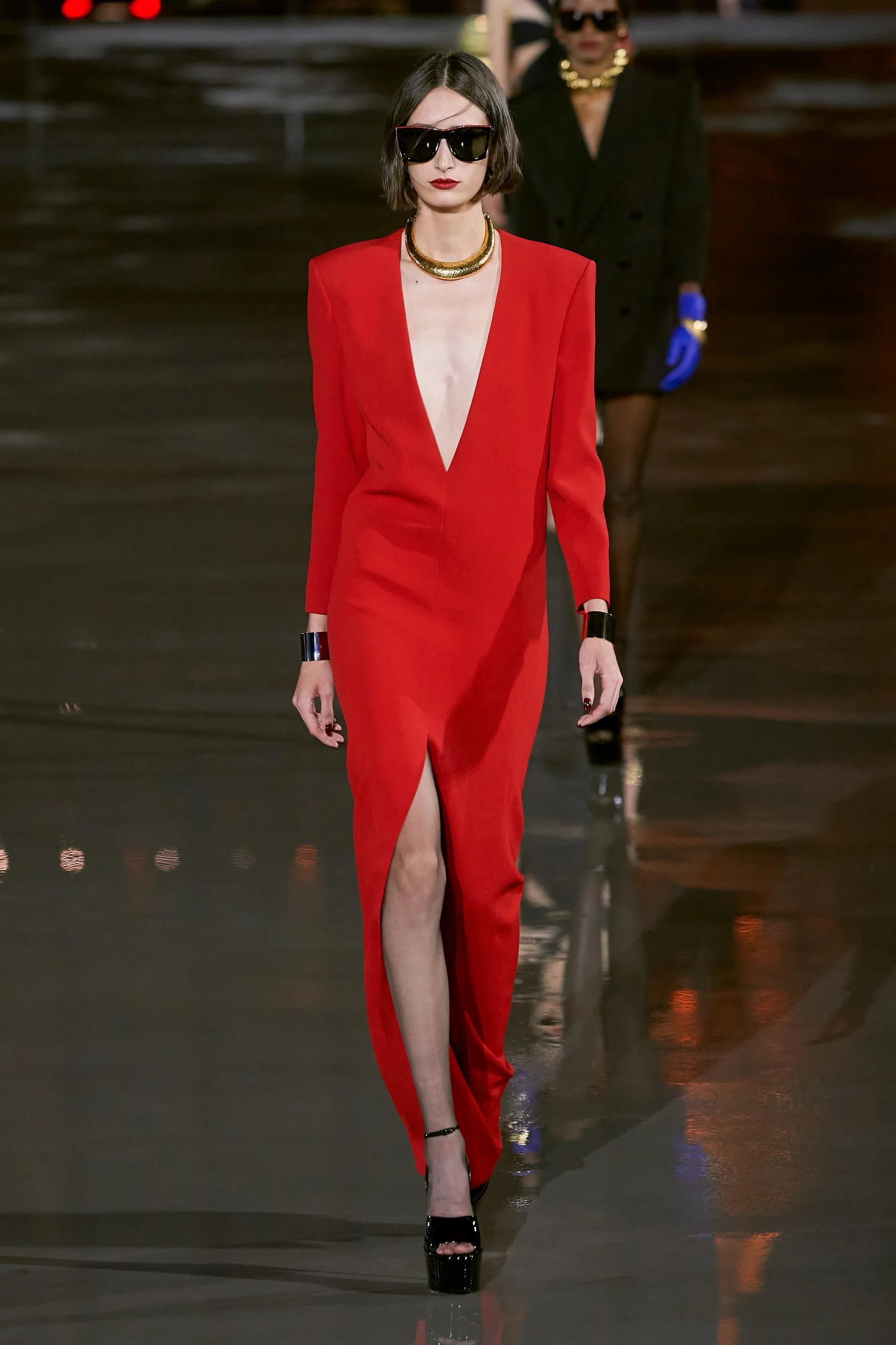 SAINT LAURENT red wool 2022 DEEP V GOWN MAXI Dress 38 S For Sale 2
