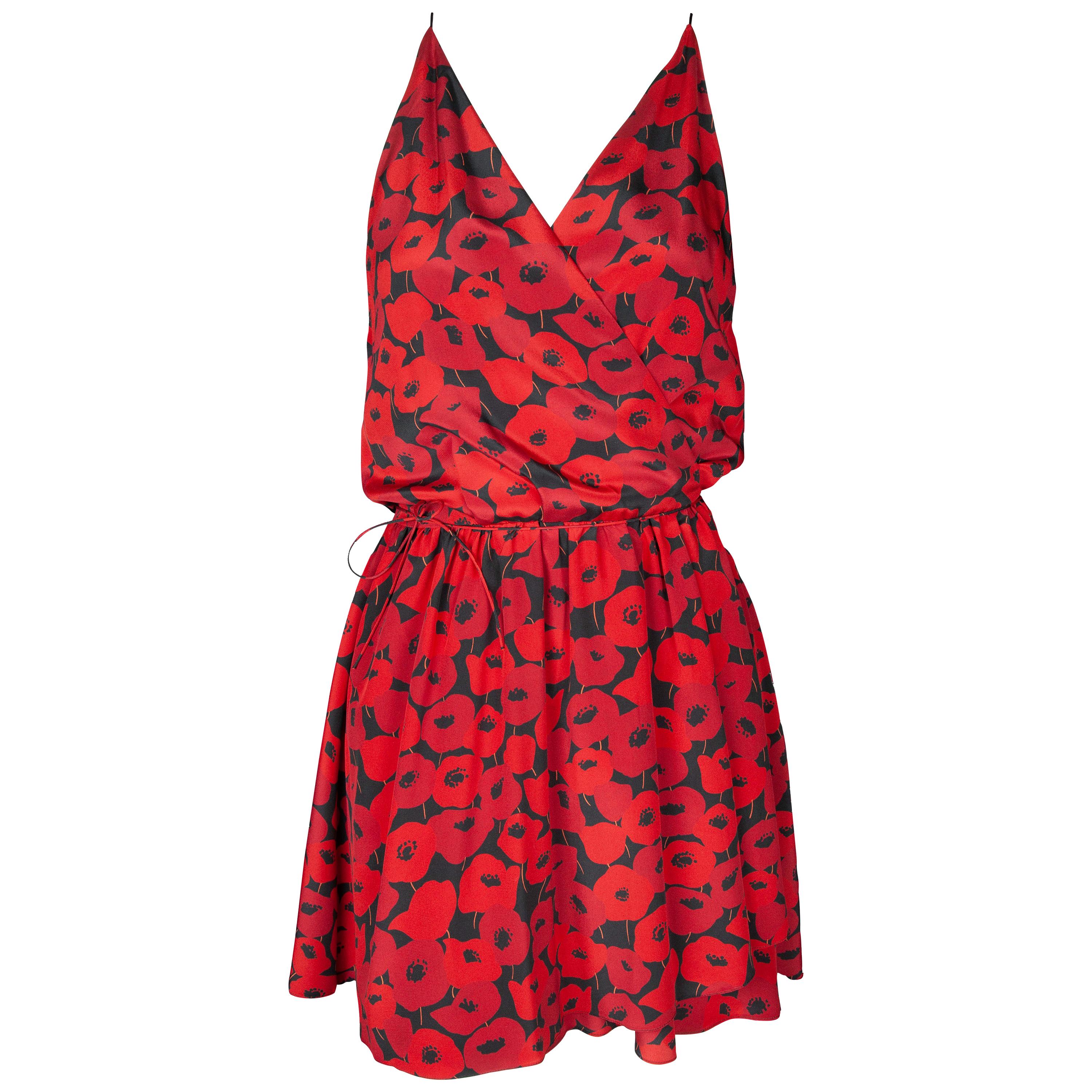 Saint Laurent Resort Red Floral-Print  Silk Wrap Mini Dress Size 38