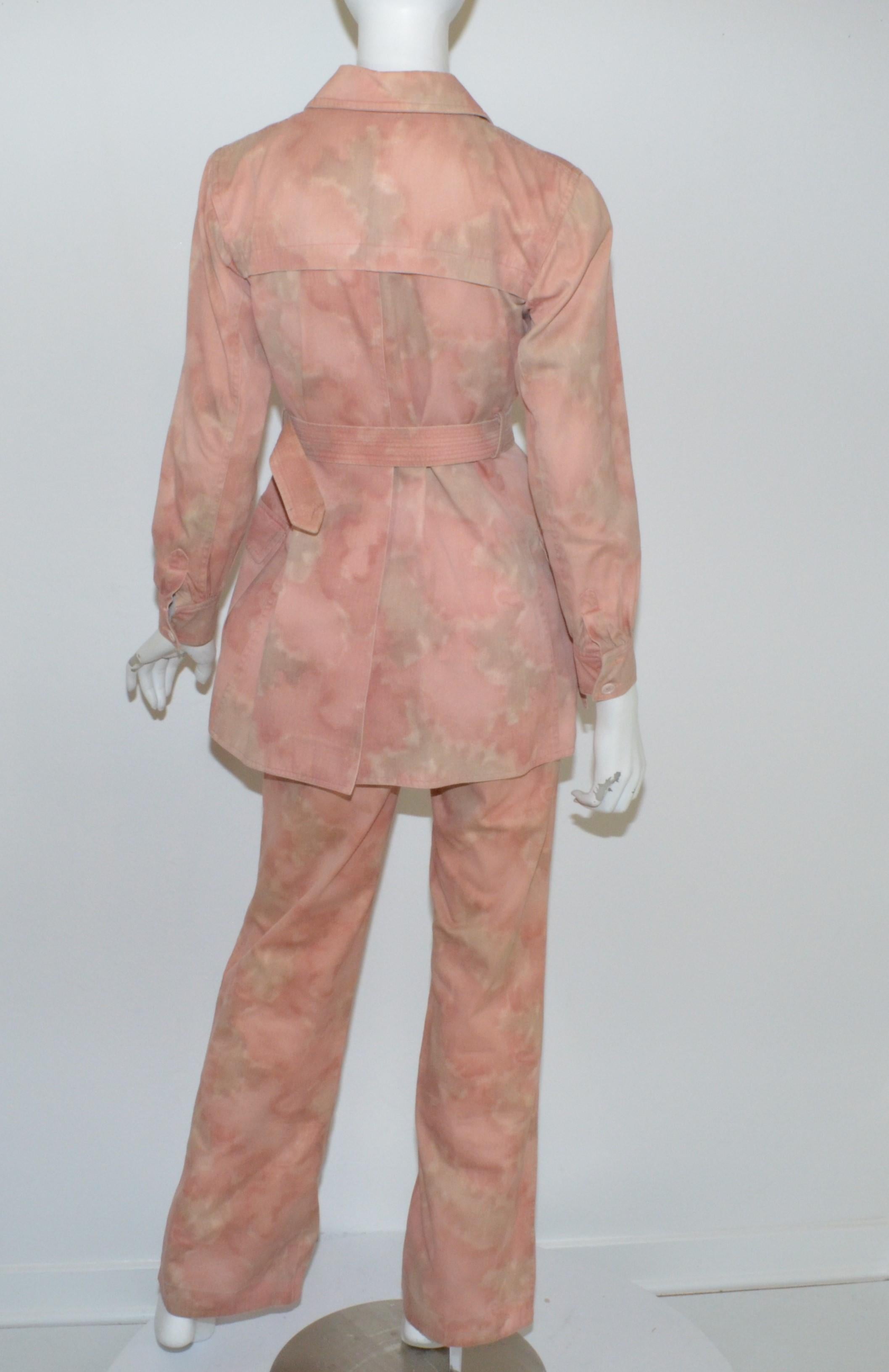 Yves Saint Laurent Rive Gauche vintage pant set featured in a powder pink and beige with a tye-dye pattern throughout. This fabulous ensemble came from a Parisian model in which was gifted several Saint Laurent pieces. Iconic Safari Jacket has