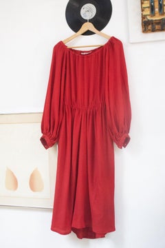 Saint Laurent Rive Gauche 1977 red silk off shoulders midi dress bishop sleeves