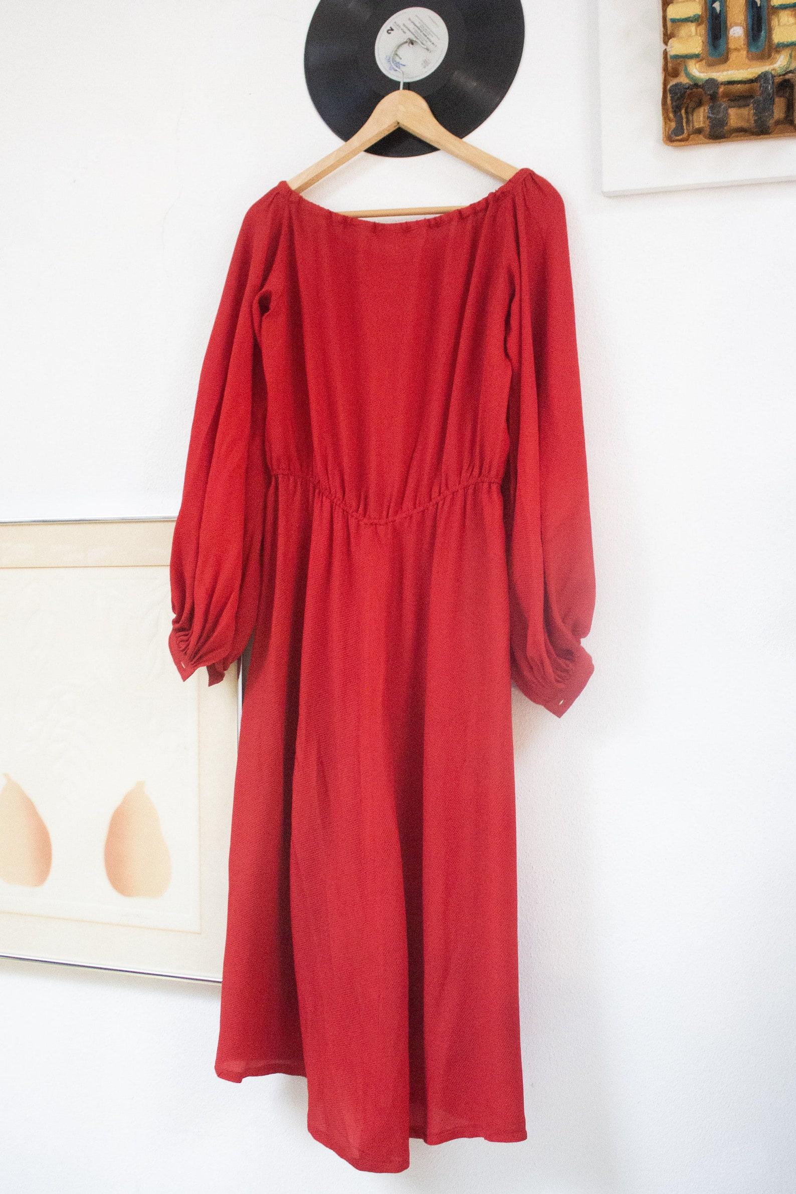 Saint Laurent Rive Gauche 1977 red silk off shoulders midi dress bishop sleeves  For Sale 1