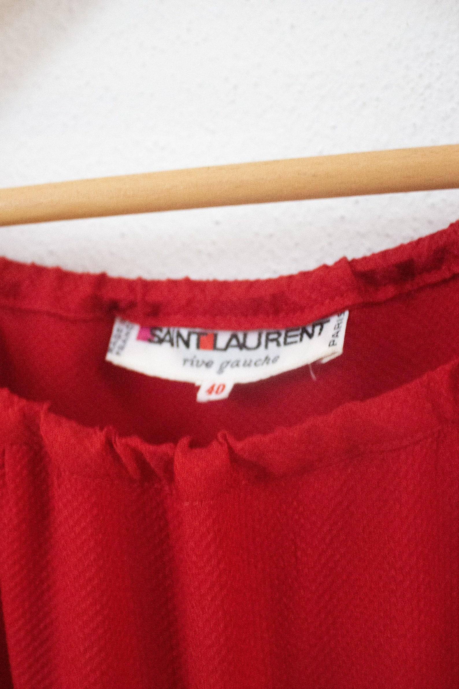 Saint Laurent Rive Gauche 1977 red silk off shoulders midi dress bishop sleeves  For Sale 2