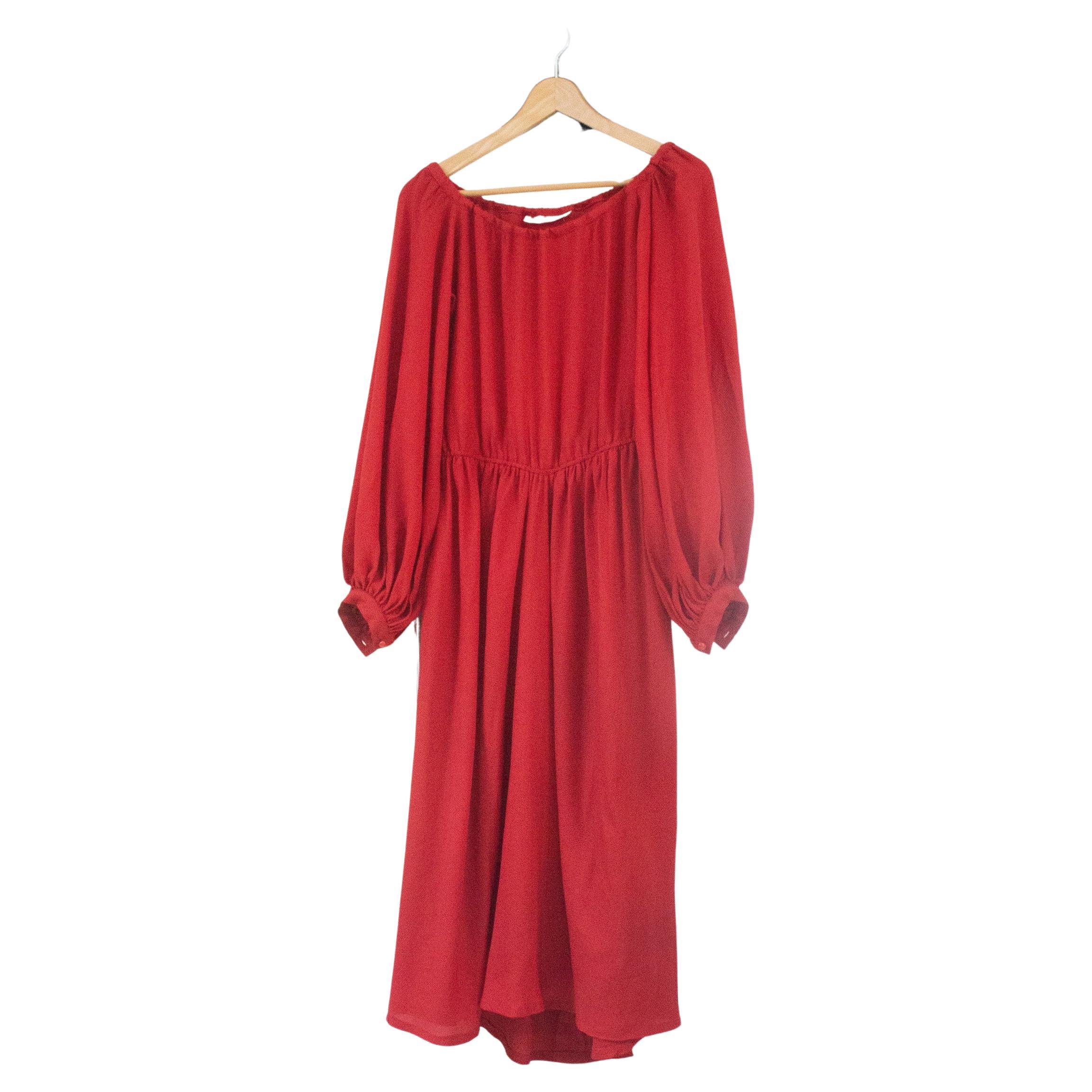 Saint Laurent Rive Gauche 1977 red silk off shoulders midi dress bishop sleeves  For Sale