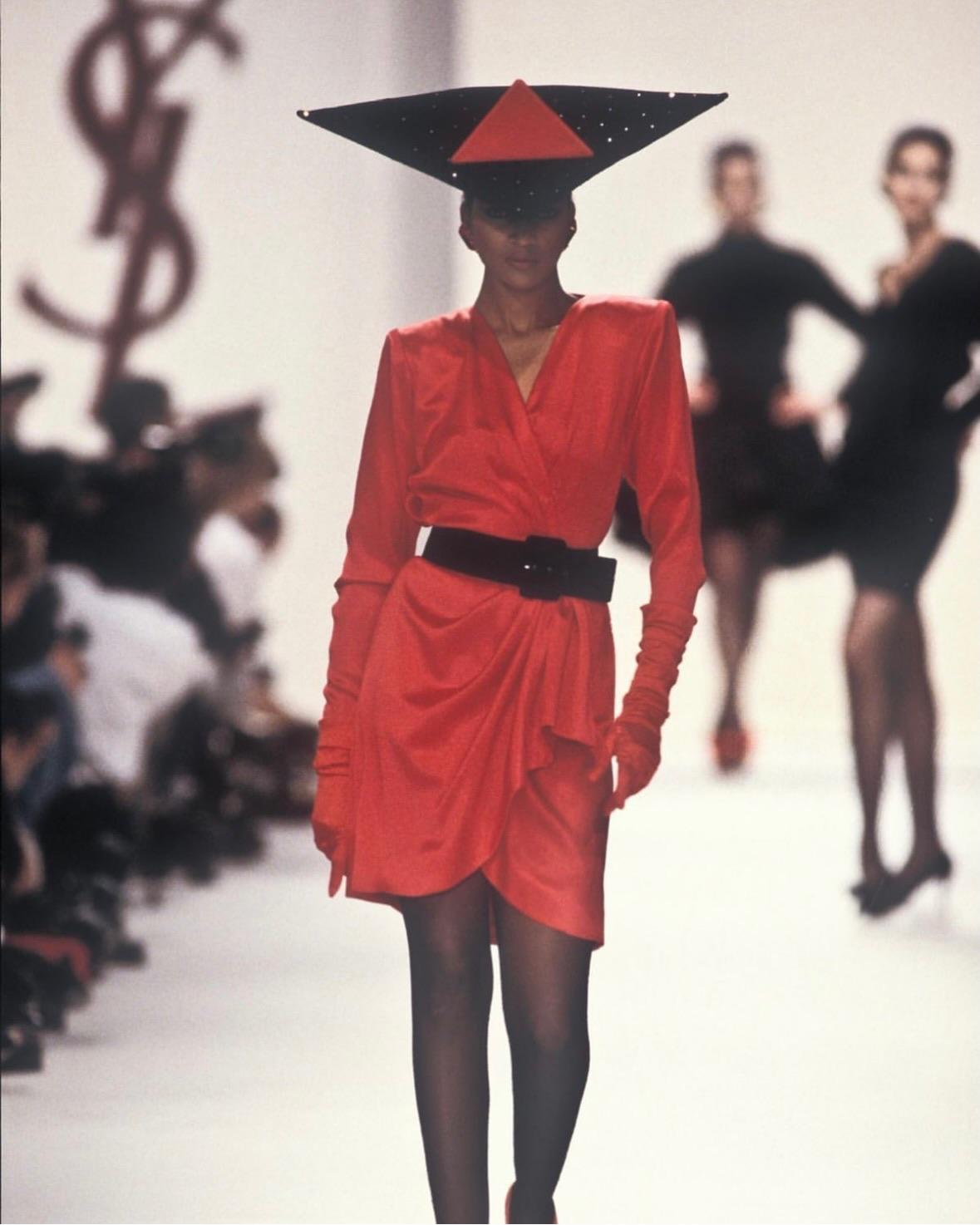 - Saint Laurent Rive Gauche Cocktail Dress
- Yves Saint Laurent era 
- From the Autumn/Winter 1988 runway collection (shown in 
  red colourway)
- Gorgeous weighty satin
- Mini length
- Fully lined
- Long sleeved with zips at wrists
- Beautiful