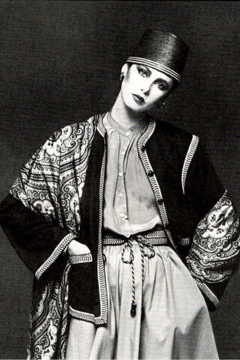 - Saint Laurent Rive Gauche Runway collection by Yves Saint Laurent

- Sold by Mae Vintage London 

- Black cotton Jacket with beige and black braided trim

- Featured in the campaign for SS77 and in multiple editorials

- Good condition for age -