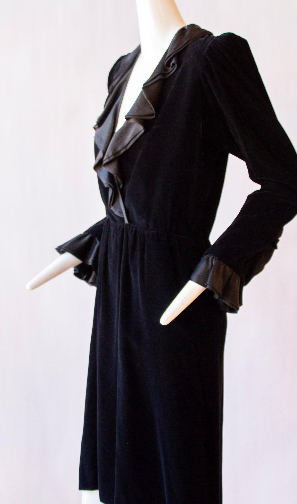 Saint Laurent Rive Gauche Black Velour V-Neck Dress  In Excellent Condition For Sale In Kingston, NY