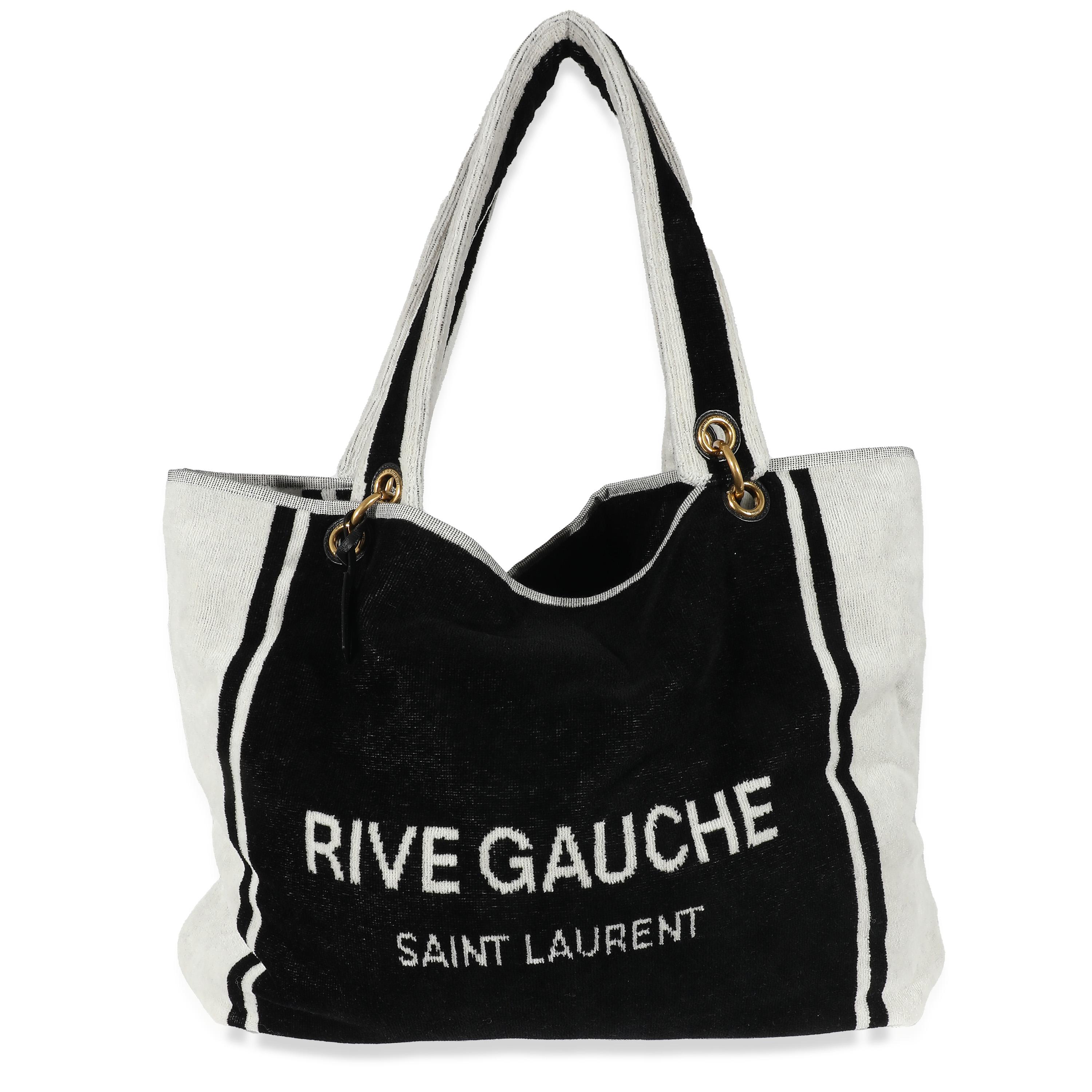 Saint Laurent Rive Gauche Black White Terry Cloth Beach Towel Tote In Excellent Condition For Sale In New York, NY