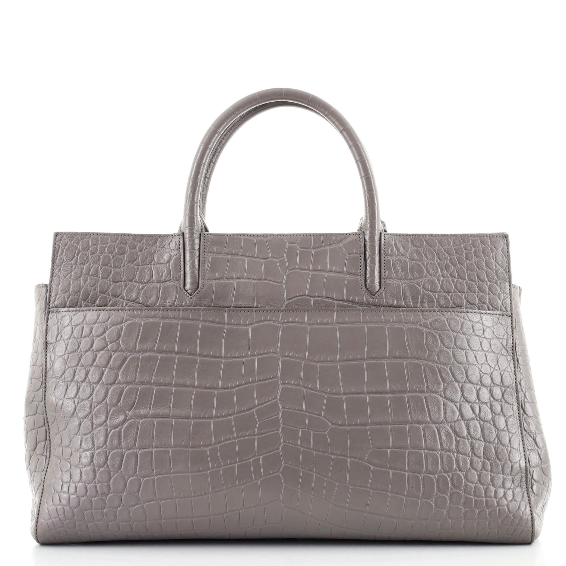 Gray Saint Laurent Rive Gauche Cabas Crocodile Embossed Leather Medium