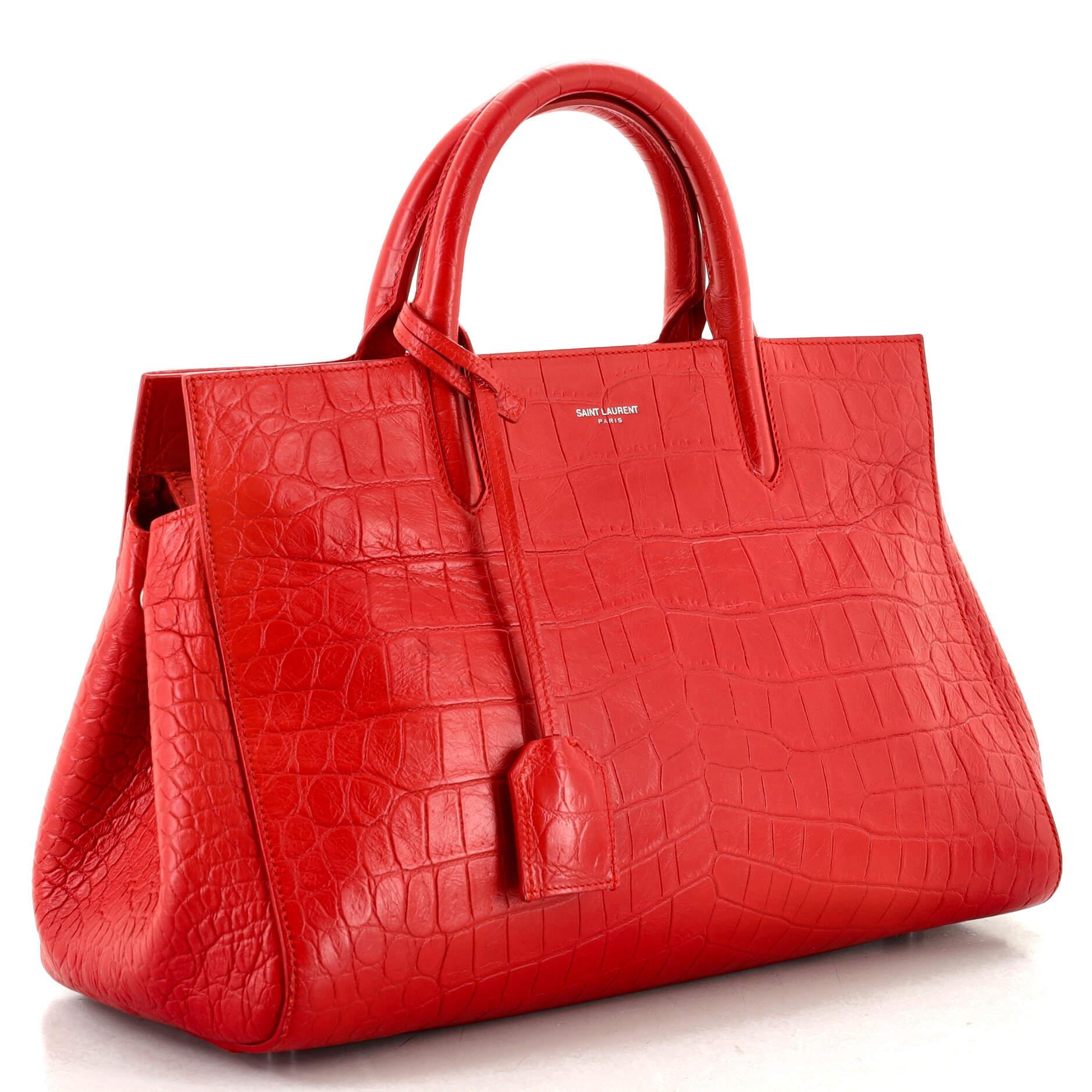 Red Saint Laurent Rive Gauche Cabas Crocodile Embossed Leather Small