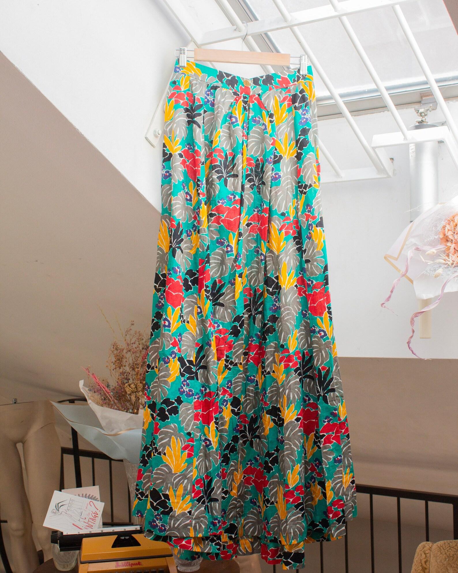 Gray Saint Laurent Rive Gauche early 1980's botanical pattern A line maxi gipsy skirt For Sale