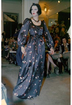 Saint Laurent Rive Gauche F/W 1974 Dark Brown Floral-Print Satin Maxi Dress