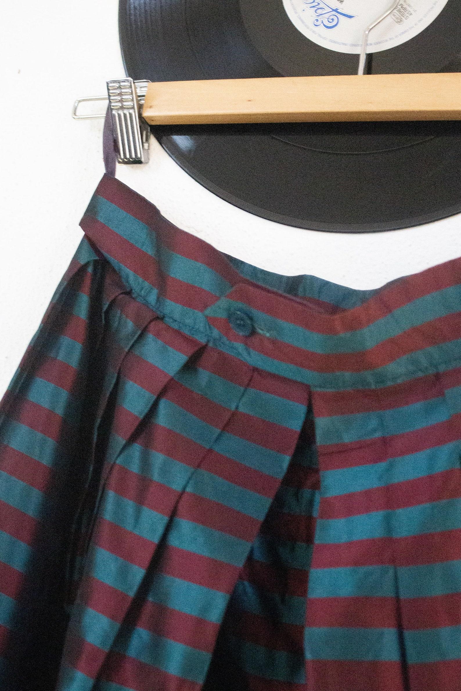 Black Saint Laurent Rive Gauche f/w 1982 blue and red striped taffeta pleated skirt For Sale