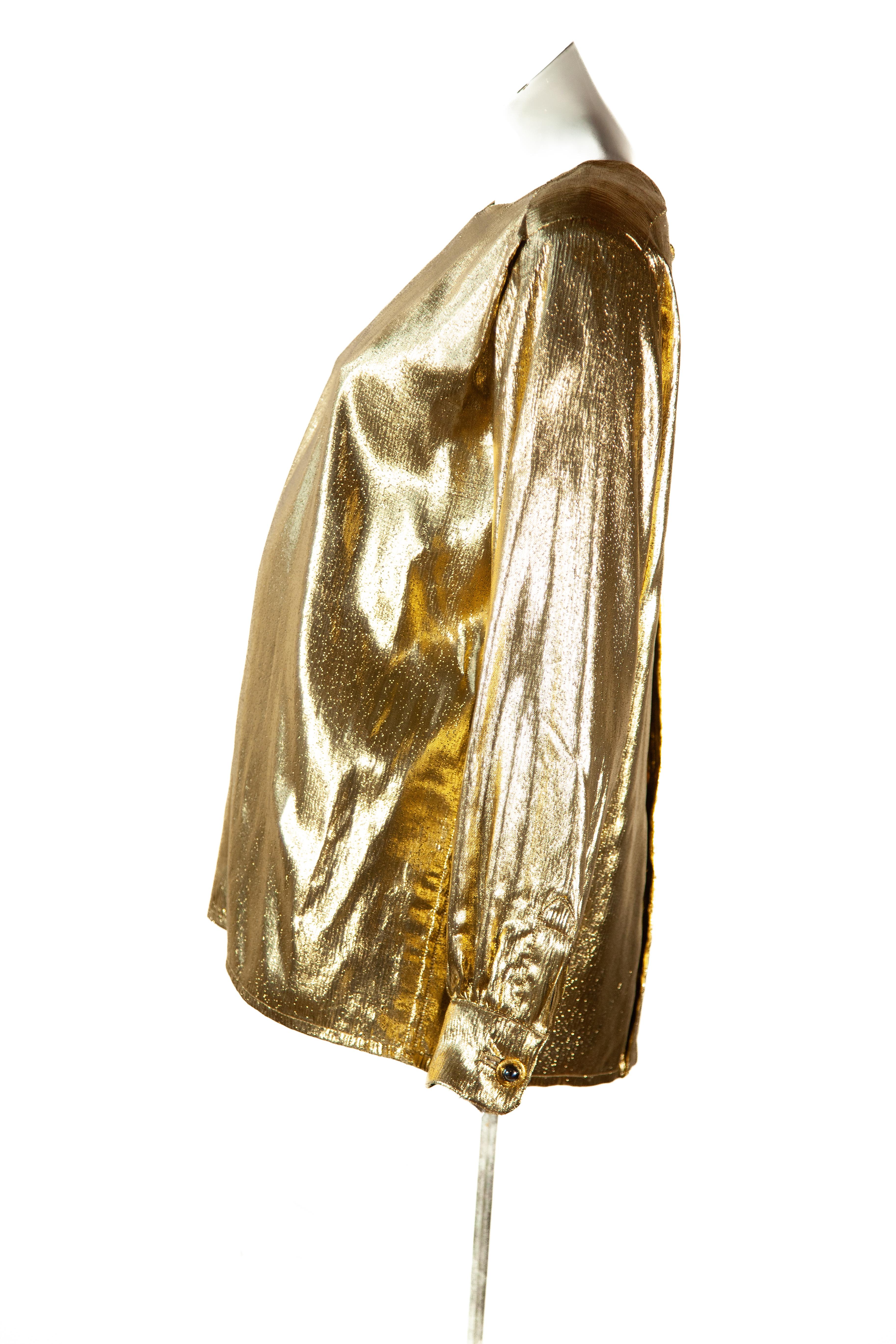 Saint Laurent Rive Gauche gold lamé top, gold and malachite buttons