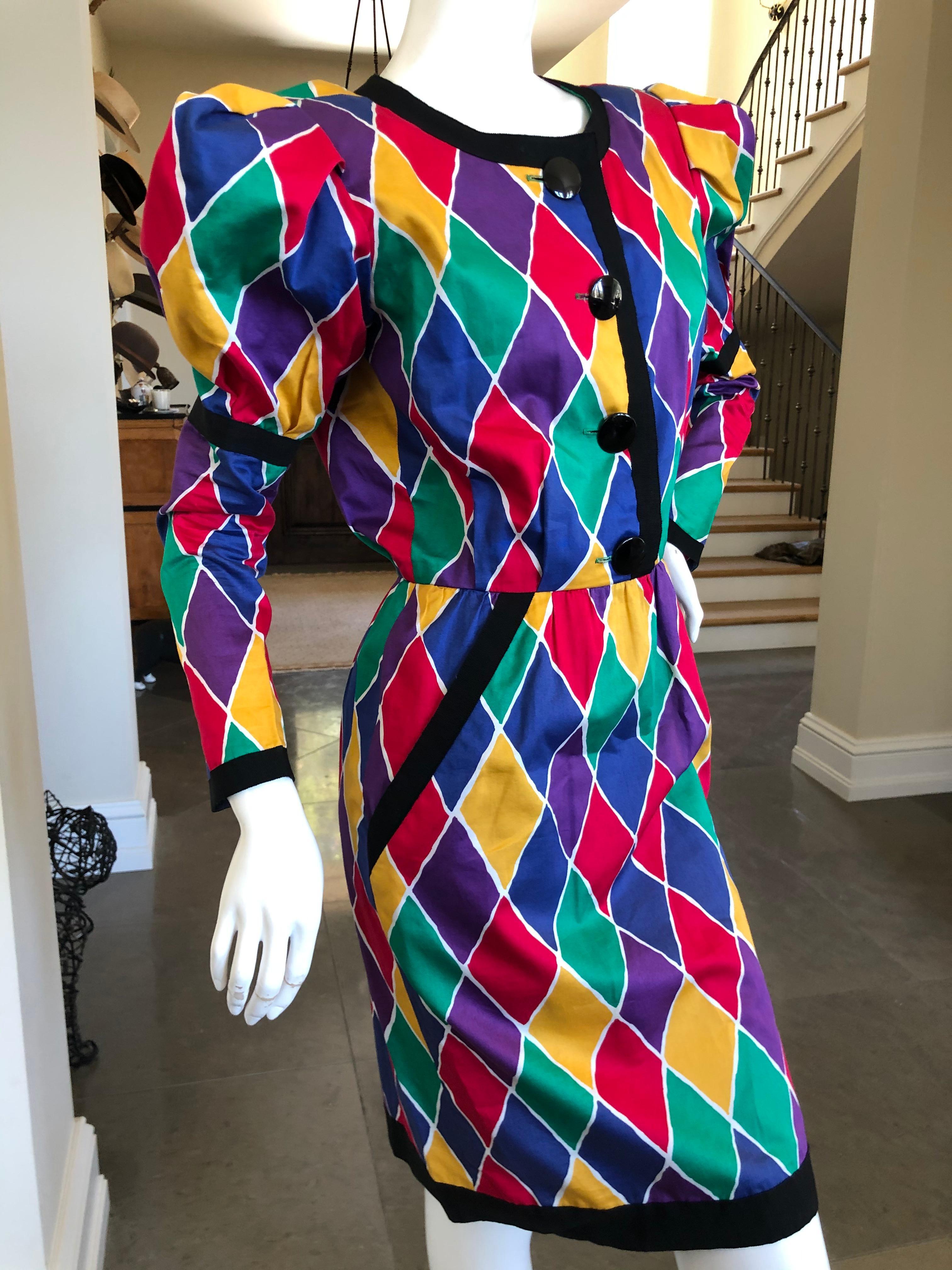Saint Laurent Rive Gauche Ikonisches Baumwollkleid mit Harlekin-Muster Frühjahr 1988 (Violett) im Angebot