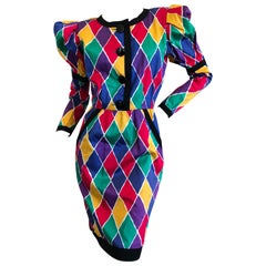 Saint Laurent Rive Gauche Ikonisches Baumwollkleid mit Harlekin-Muster Frühjahr 1988
