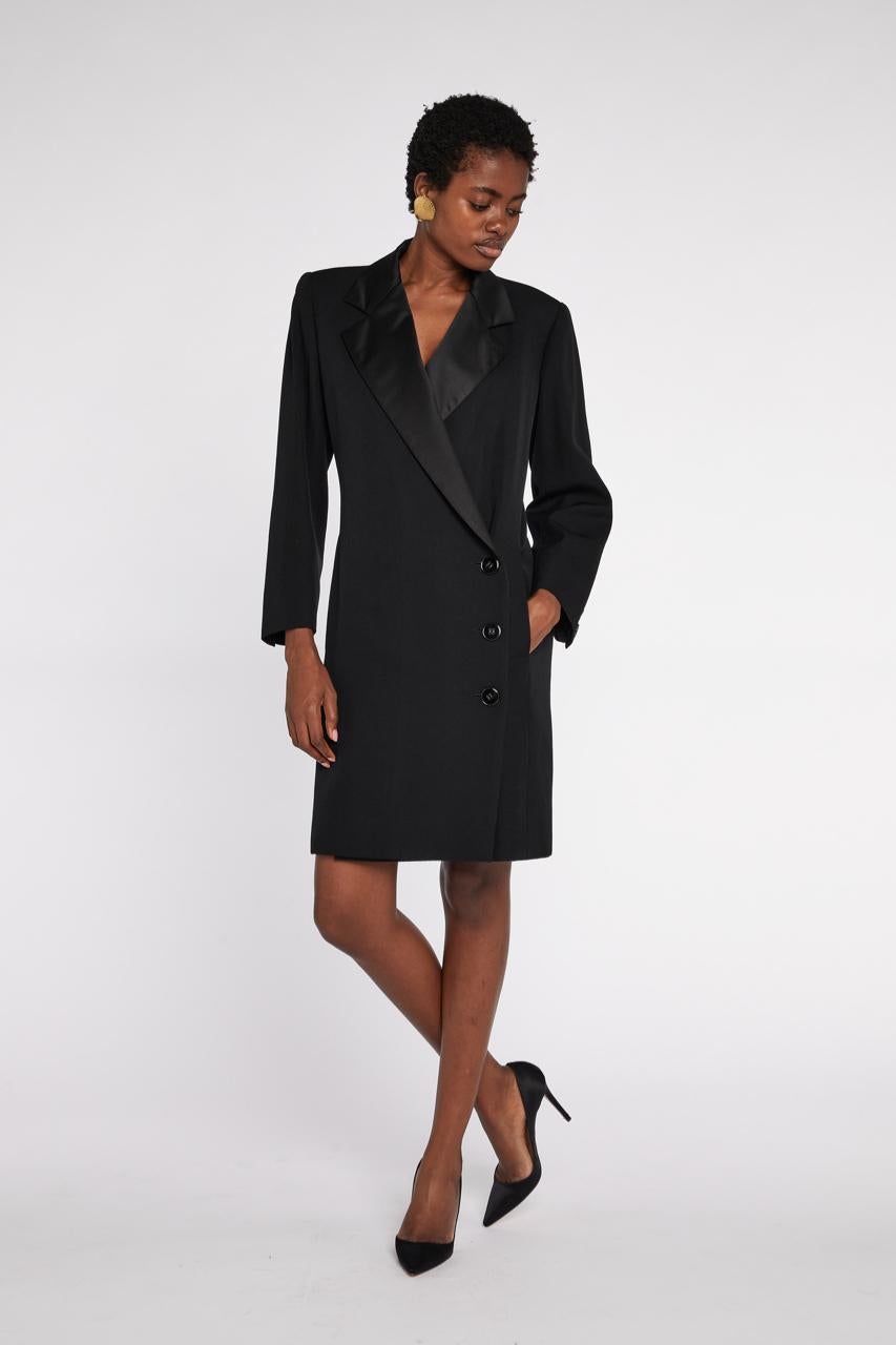- Early 1980s Saint Laurent Rive Gauche by Yves Saint Laurent

- Sold by Mae Vintage London 

- Black wool and silk satin trim 'Le Smoking