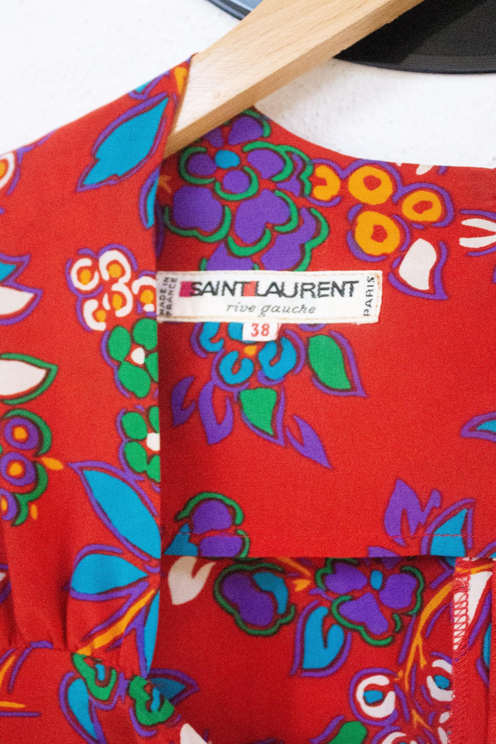 Saint Laurent Rive Gauche s/s 1983 red silk floral A line dress with tie front  For Sale 2