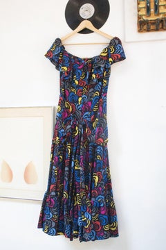 Saint Laurent Rive Gauche s/s 1983 silk roses pattern off shoulders ruffle gown