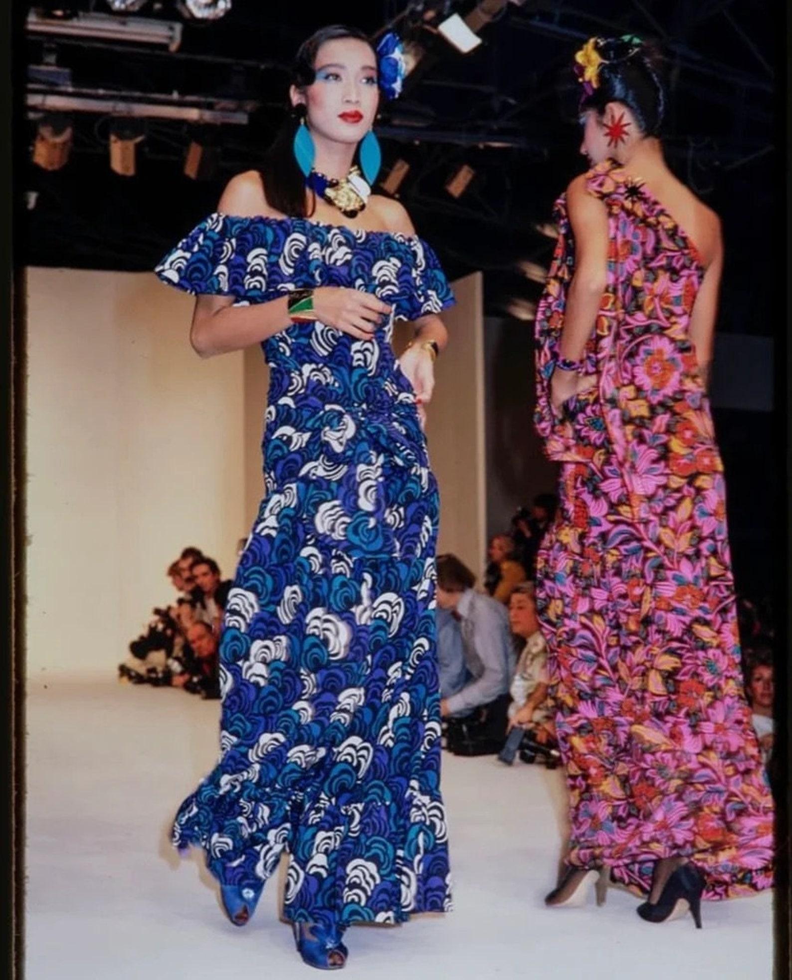 Black Saint Laurent Rive Gauche s/s 1983 silk roses pattern off shoulders ruffle gown  For Sale