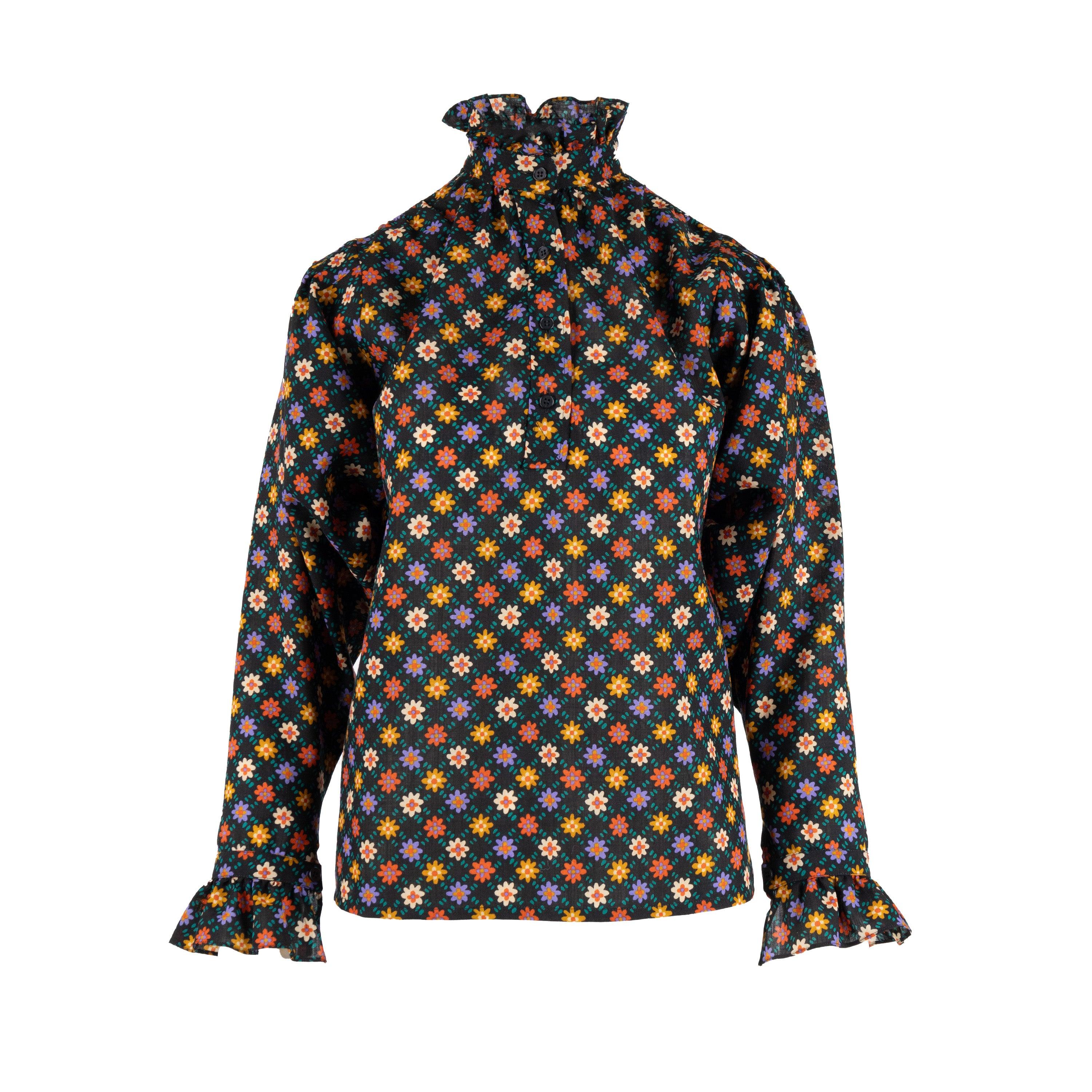 Saint Laurent Rive Gauche Conjunto Vintage Estampado Flores - Años 70 Negro en venta
