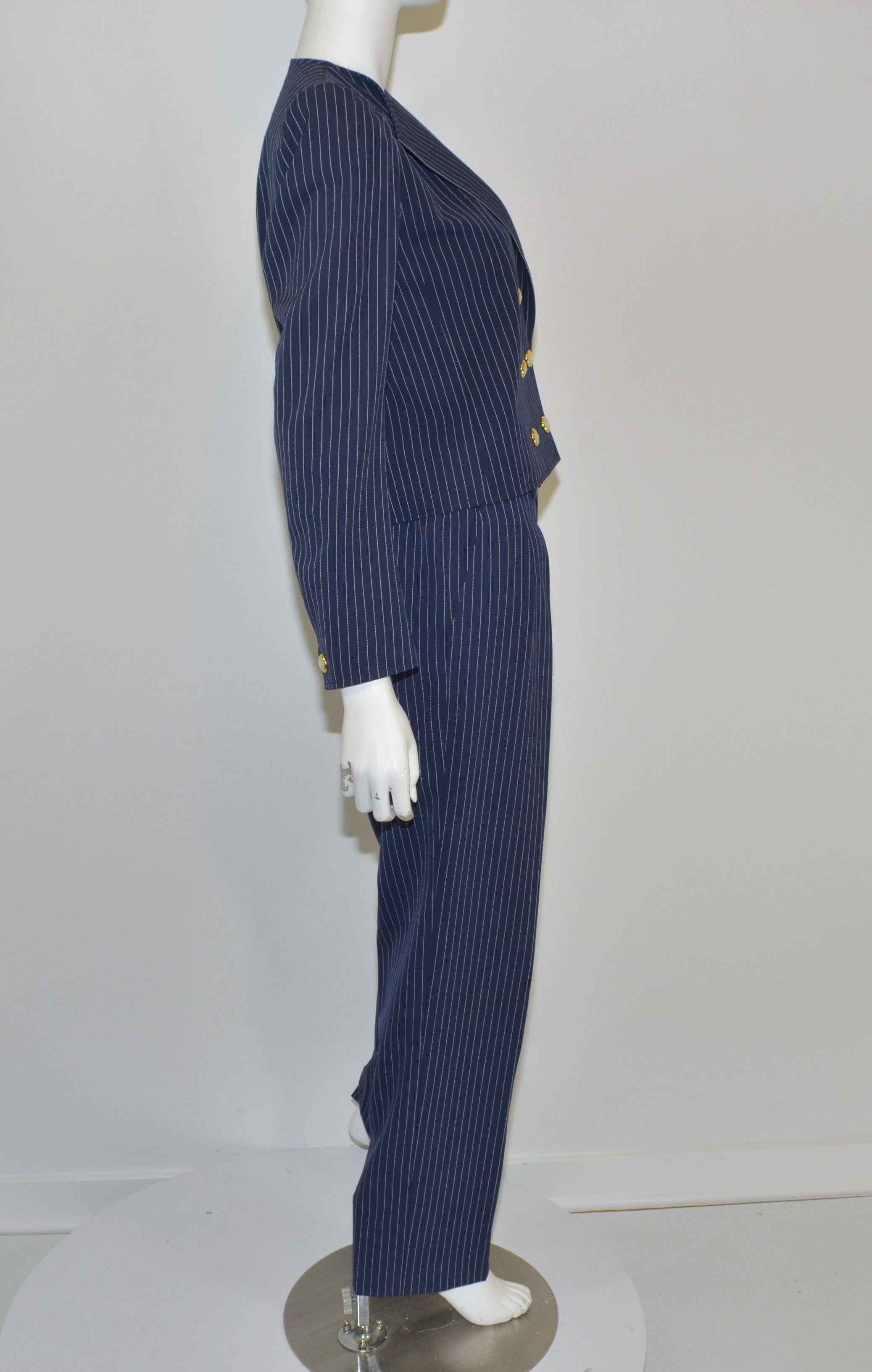 Purple Saint Laurent Rive Gauche Vintage Navy Pinstripe Pant + Jacket Suit Set
