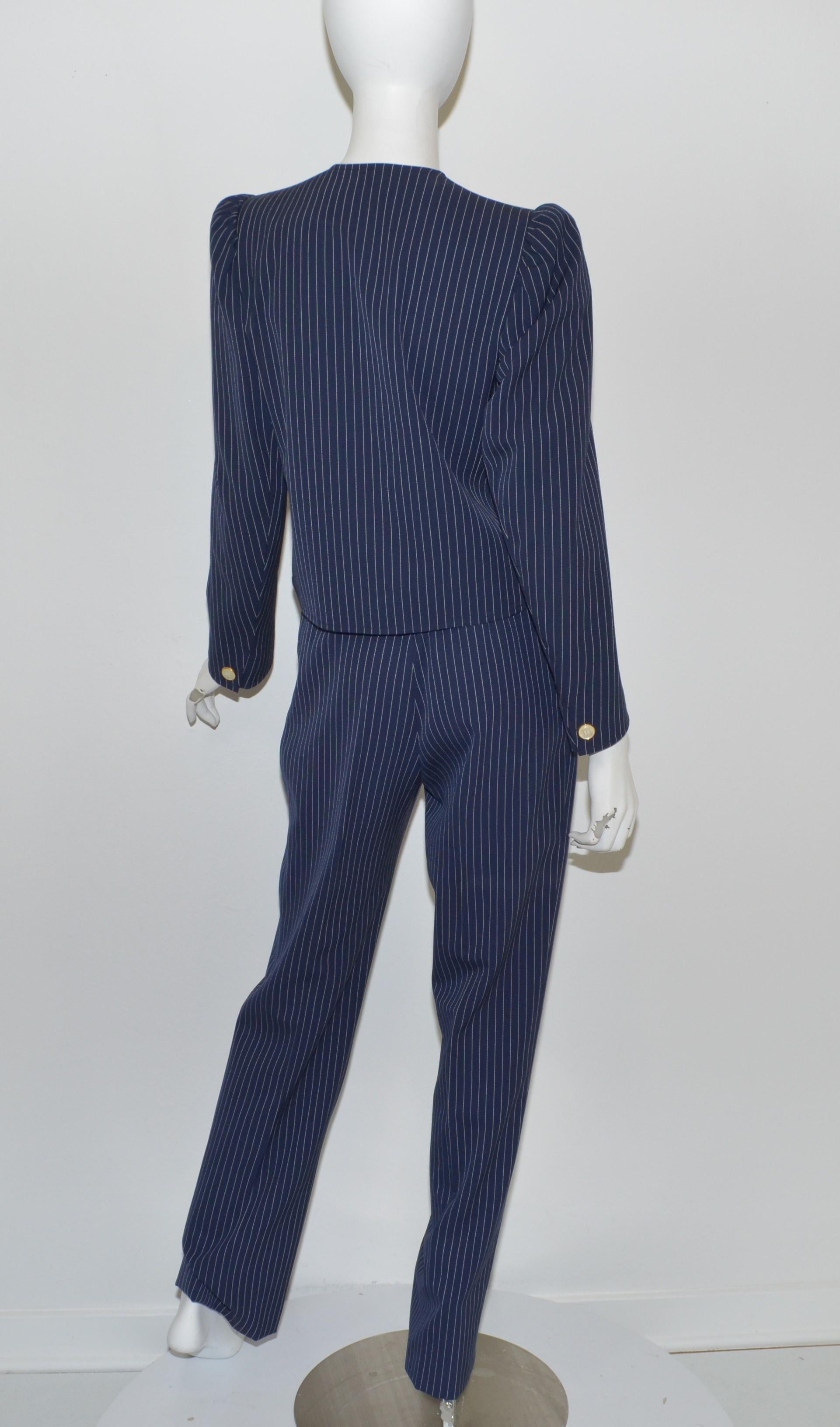 Saint Laurent Rive Gauche Vintage Navy Pinstripe Pant + Jacket Suit Set In Excellent Condition In Carmel, CA