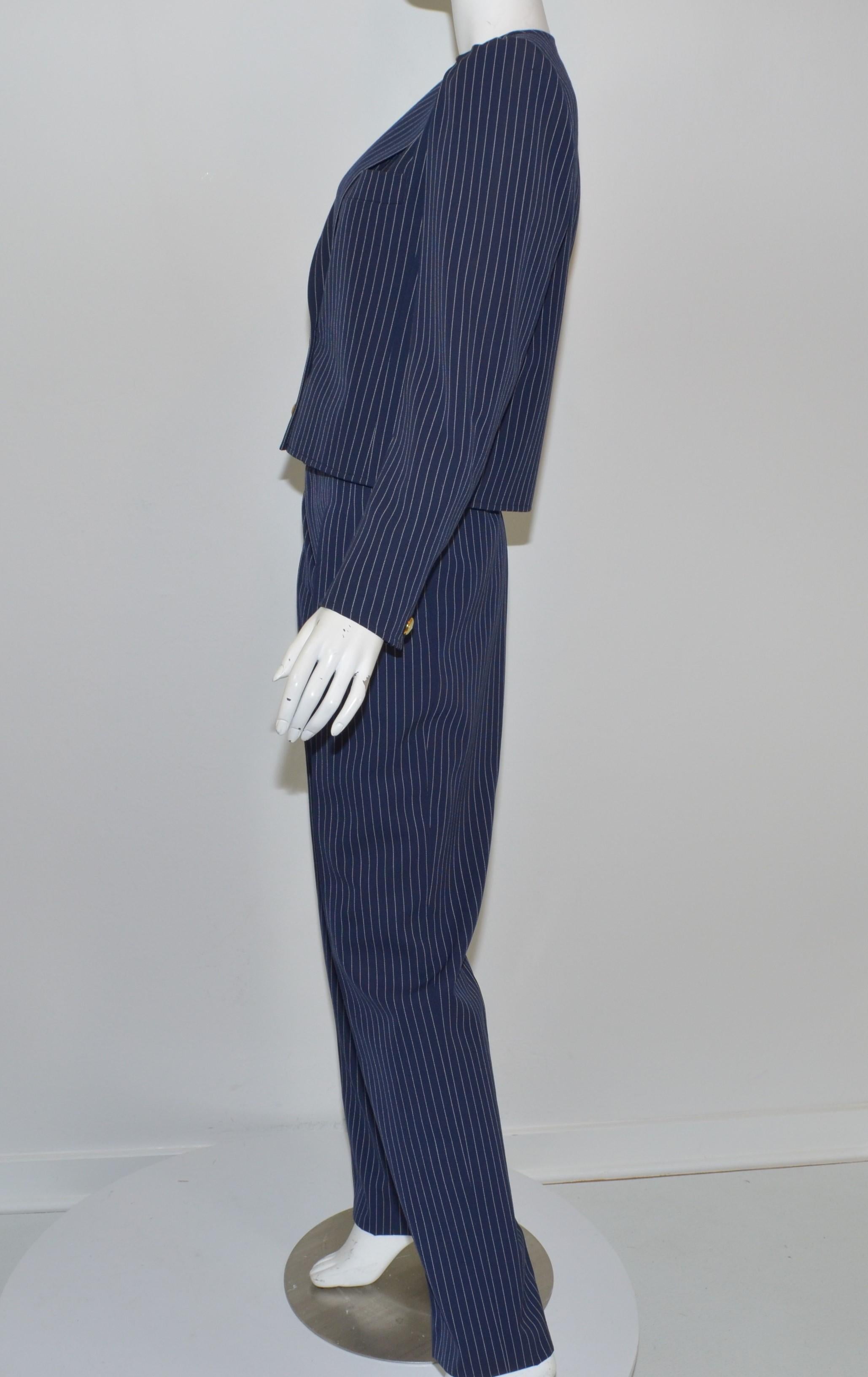 Women's Saint Laurent Rive Gauche Vintage Navy Pinstripe Pant + Jacket Suit Set