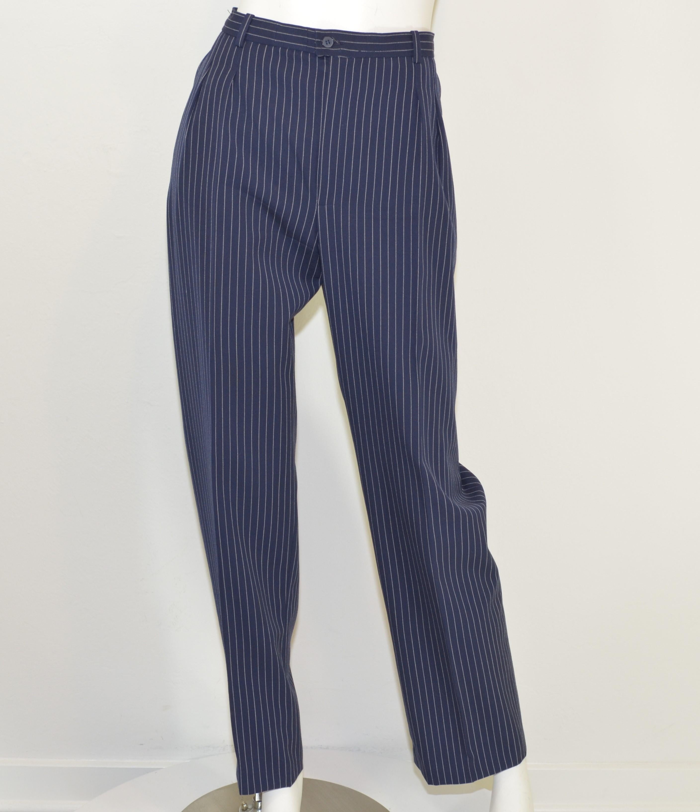 Saint Laurent Rive Gauche Vintage Navy Pinstripe Pant + Jacket Suit Set 1