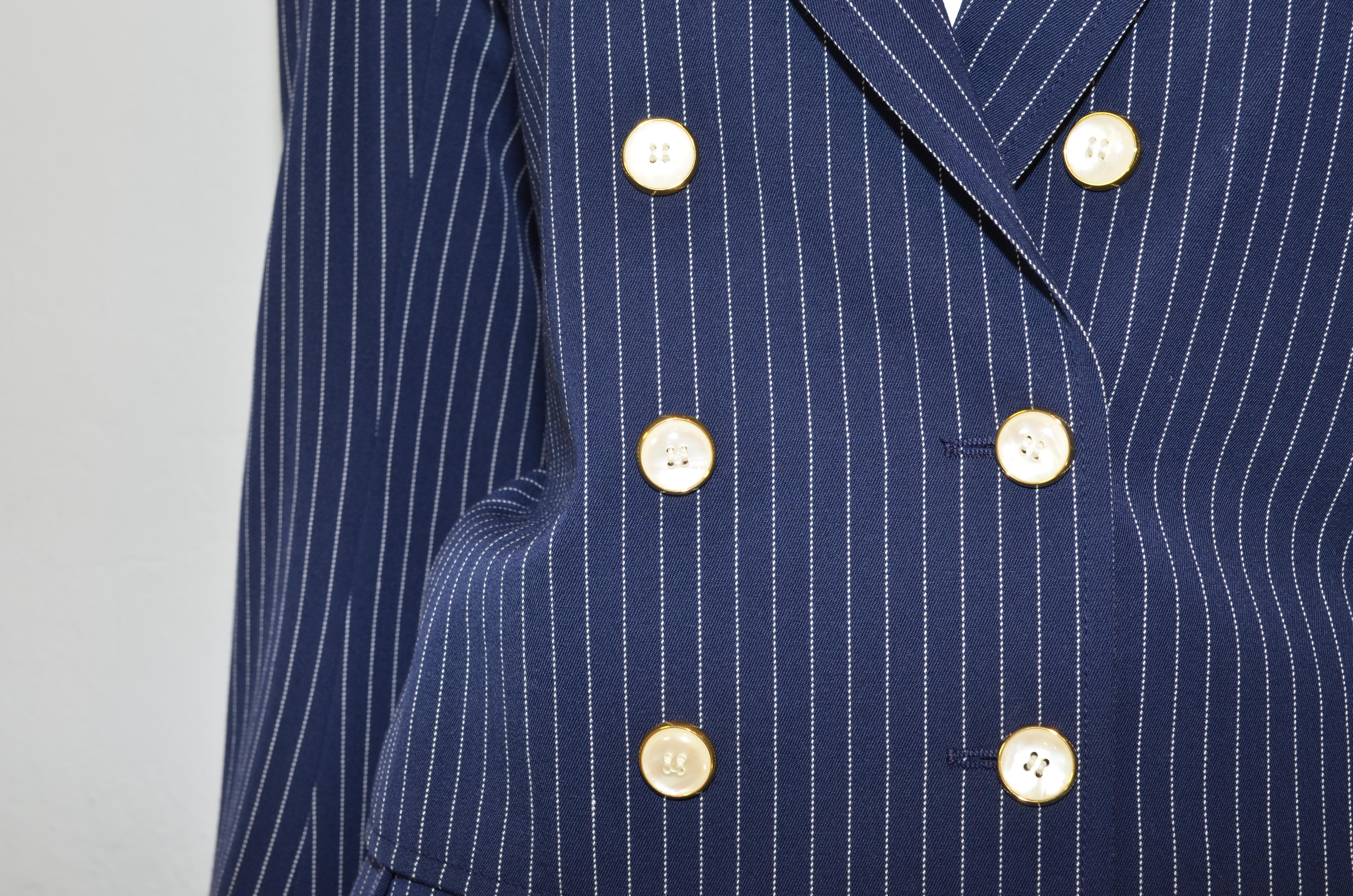 Saint Laurent Rive Gauche Vintage Navy Pinstripe Pant + Jacket Suit Set 2