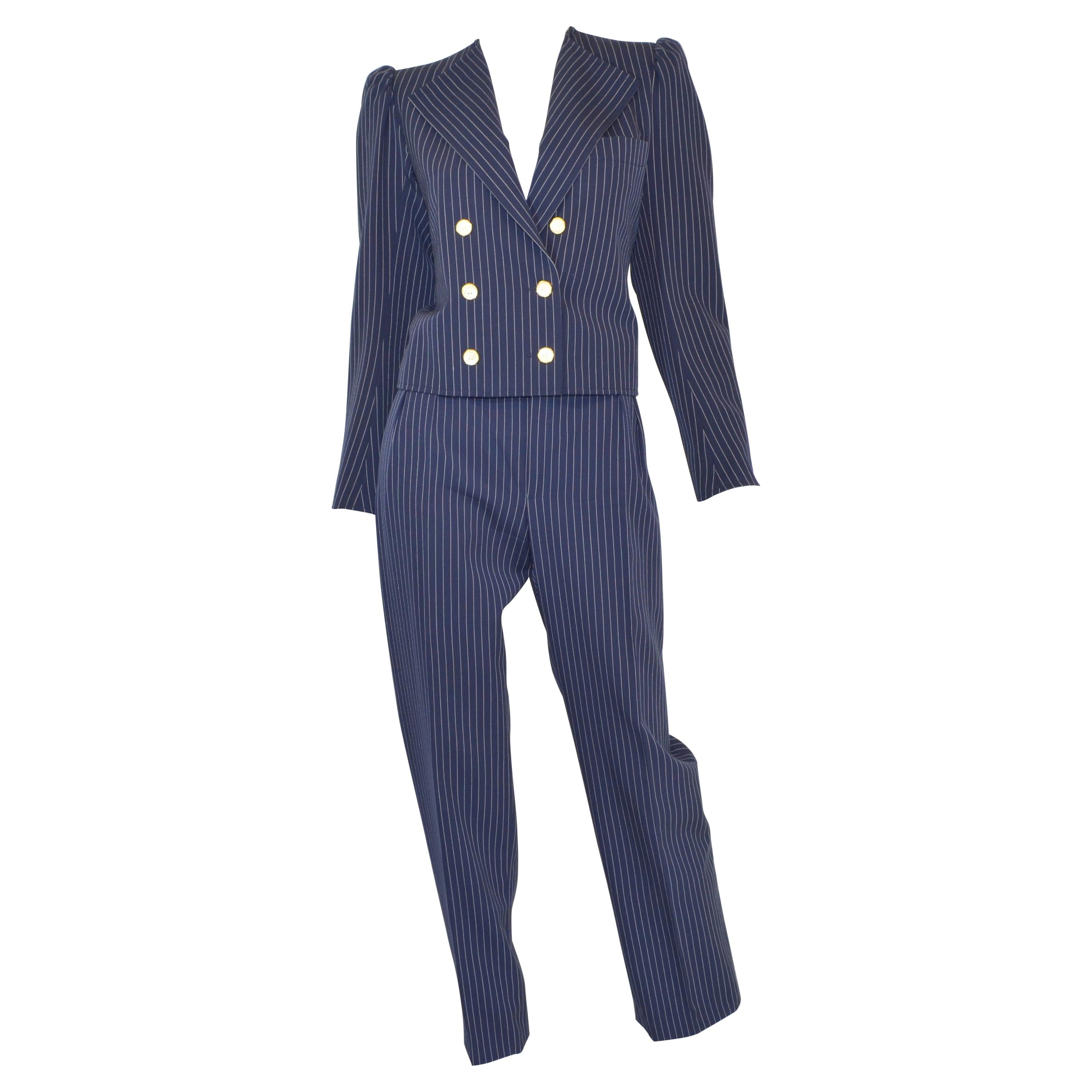 Saint Laurent Rive Gauche Vintage Navy Pinstripe Pant + Jacket Suit Set