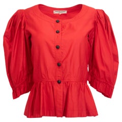 Saint Laurent Rive Gauche Vintage Red Cotton Button Down Peasant Blouse