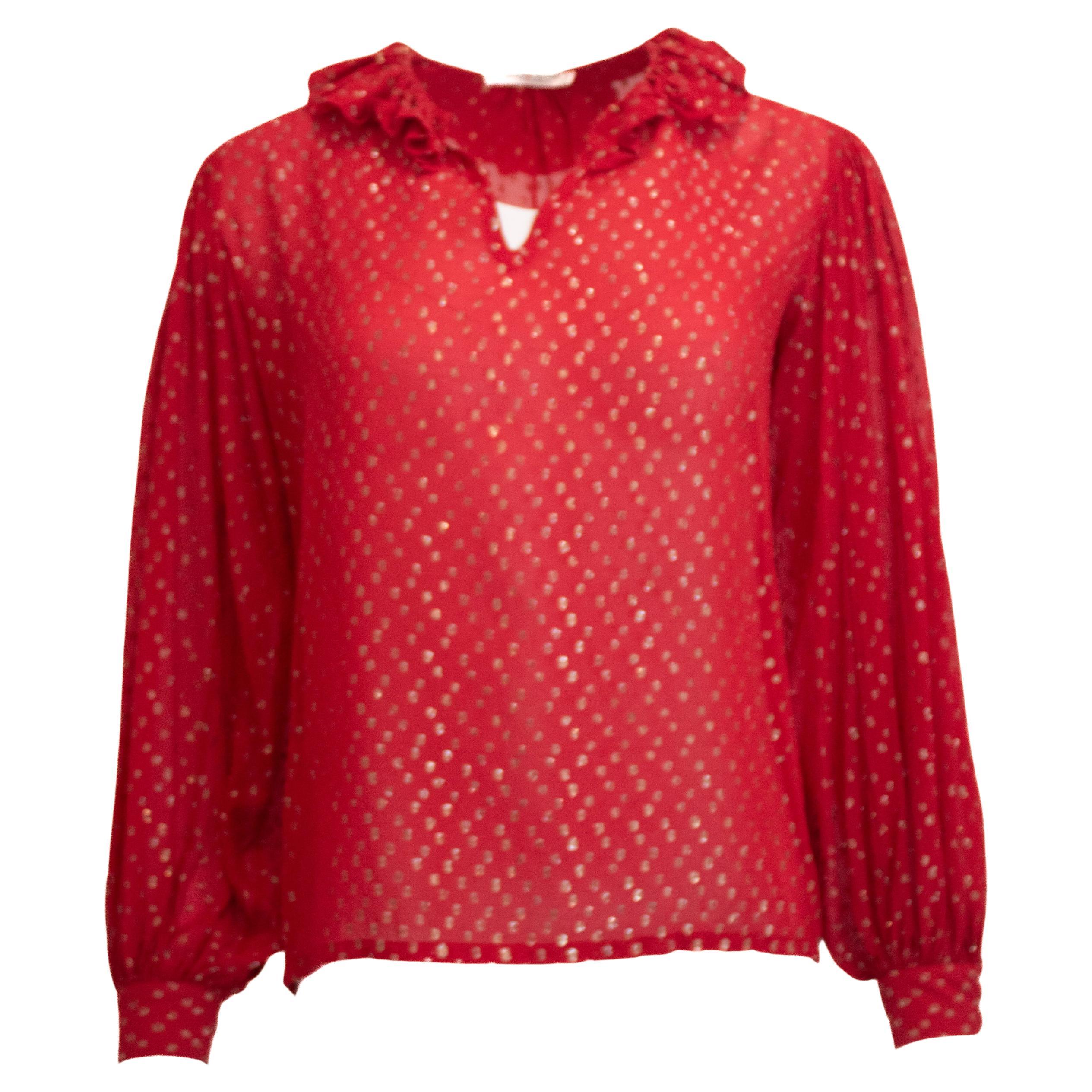 Saint Laurent Rive Gauche Vintage, camicetta in seta con colletto a balze e pois svizzeri, vintage. in vendita