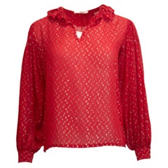 Saint Laurent Rive Gauche Vintage Red Dotted Swiss Ruffle Collar Silk Blouse