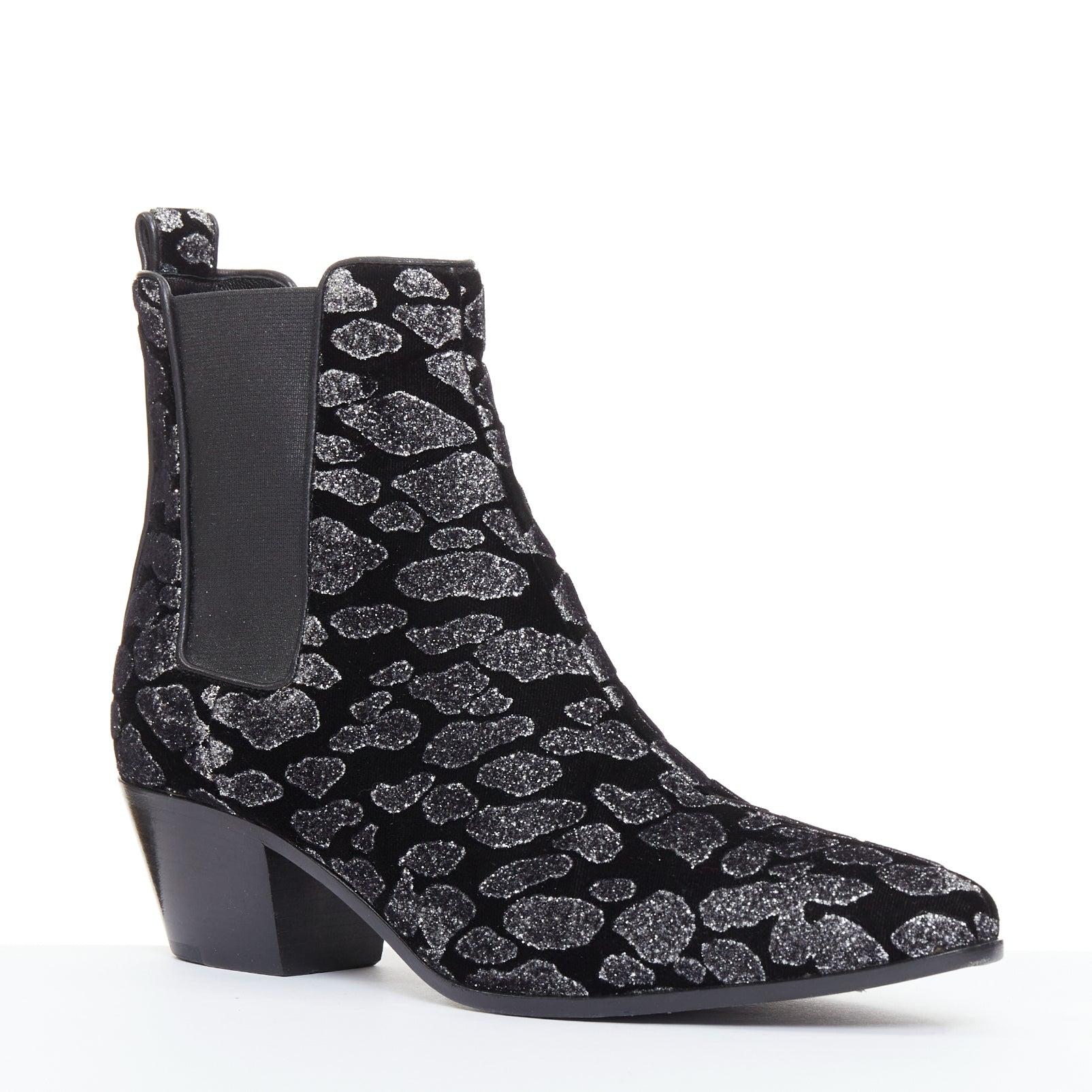 SAINT LAURENT Rock Leopard black grey glitter leopard print velvet chelsea boots EU36
Reference: LAYU/A00100
Brand: Saint Laurent
Material: Velvet
Color: Black, Grey
Pattern: Leopard
Closure: Elasticated
Lining: Black Leather
Extra Details: aint