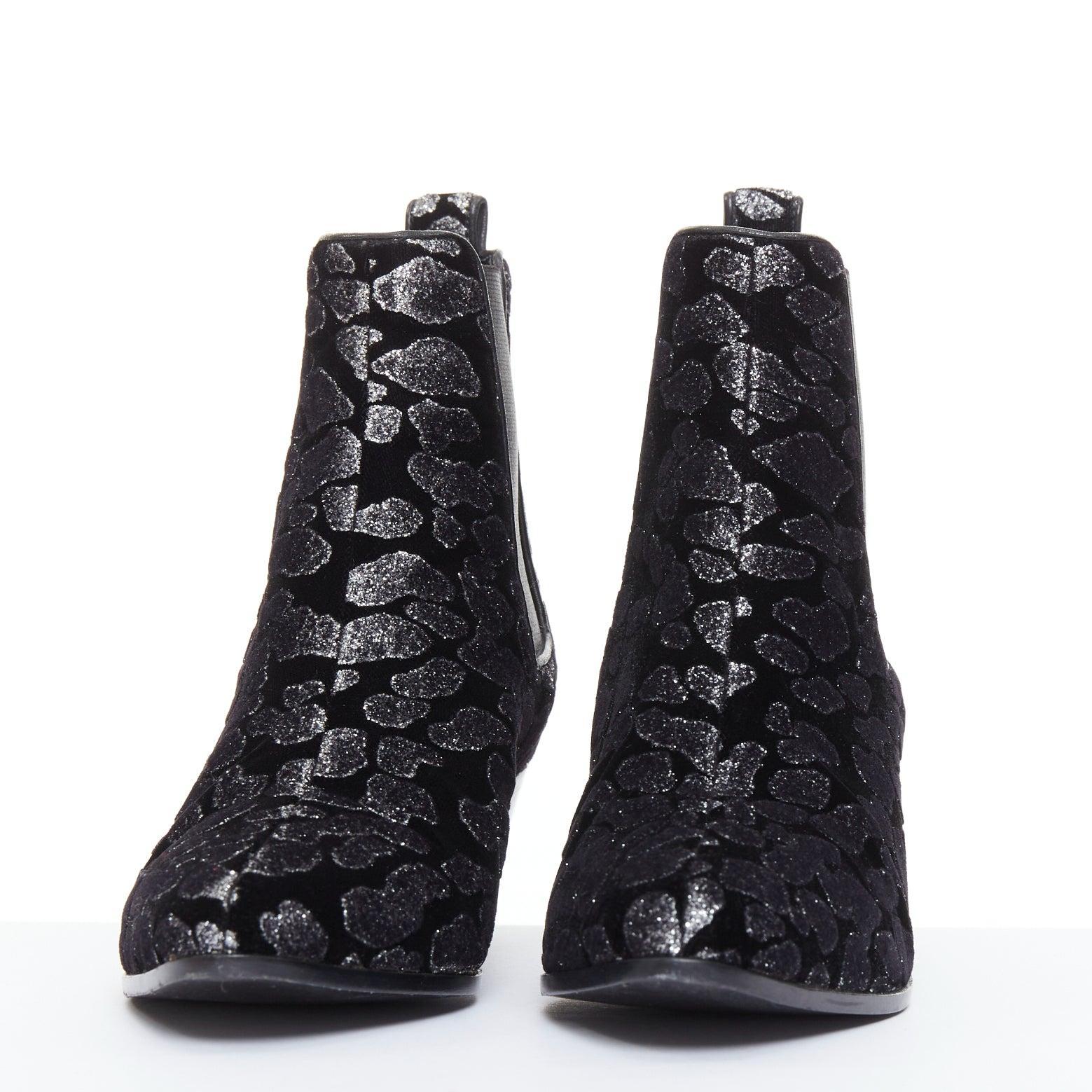 Black SAINT LAURENT Rock Leopard grey glitter leopard print velvet chelsea boots EU36 For Sale