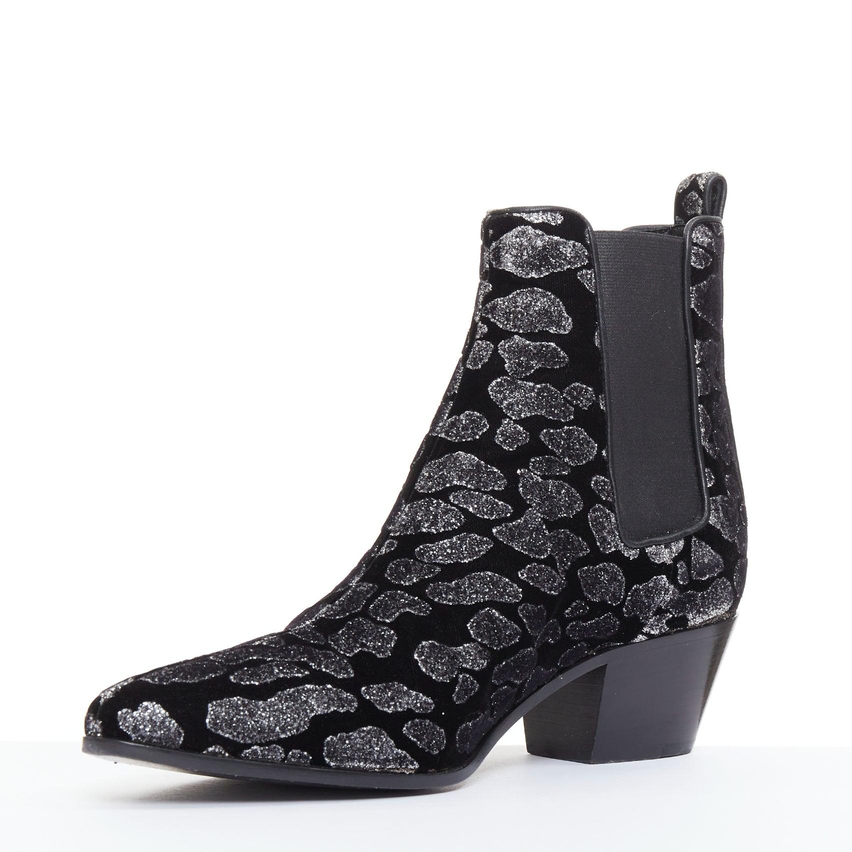 Women's SAINT LAURENT Rock Leopard grey glitter leopard print velvet chelsea boots EU36 For Sale