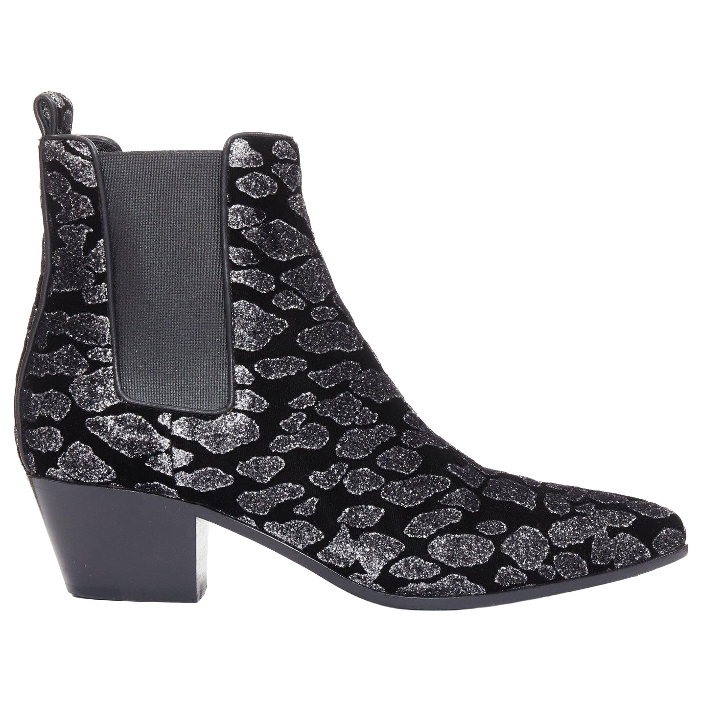 SAINT LAURENT Rock Leopard grey glitter leopard print velvet chelsea boots EU36 For Sale